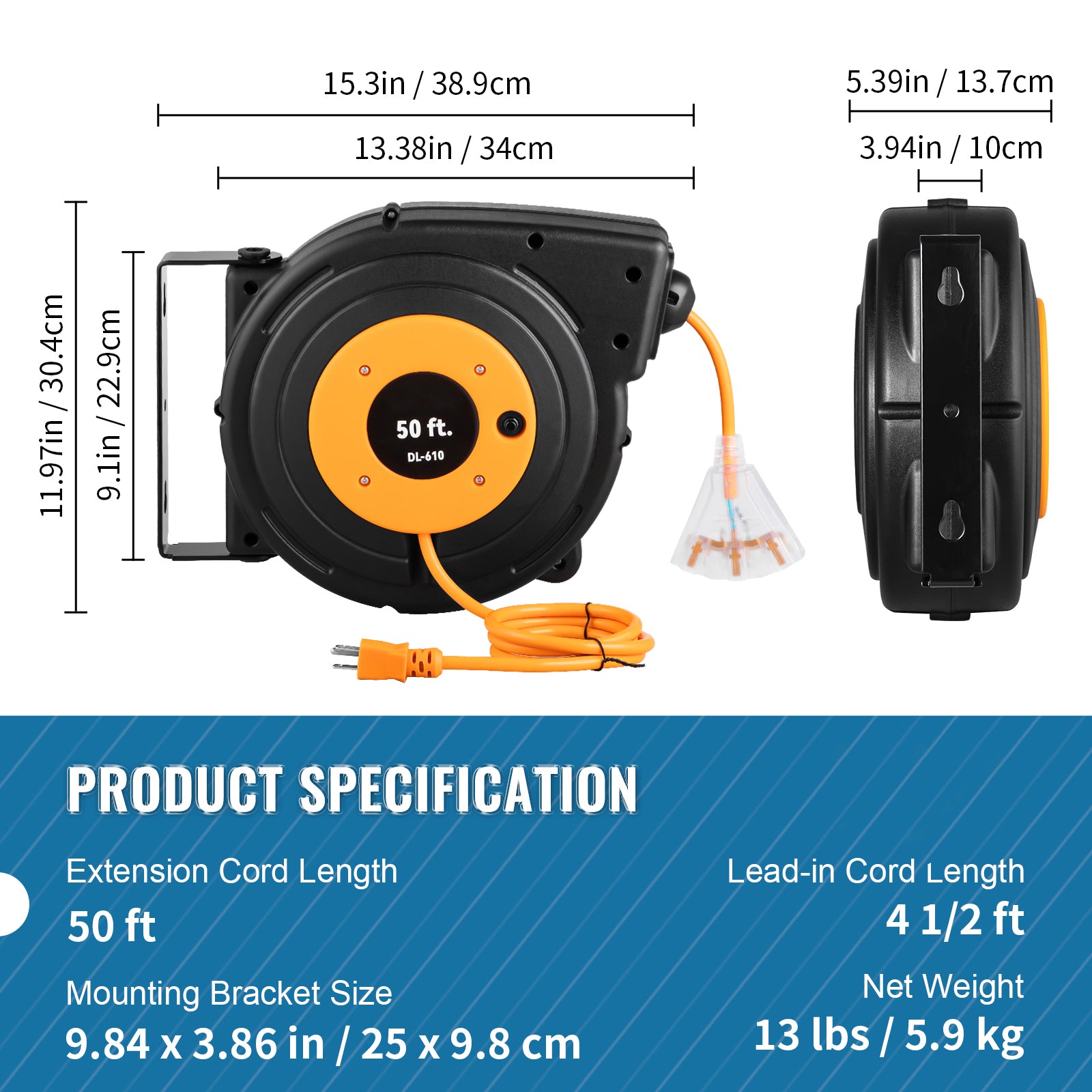 50ft Retractable Extension Cord Reel 14AWG/3CSJTOW Power Cord Reel