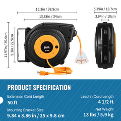 50ft Retractable Extension Cord Reel 14AWG/3CSJTOW Power Cord Reel