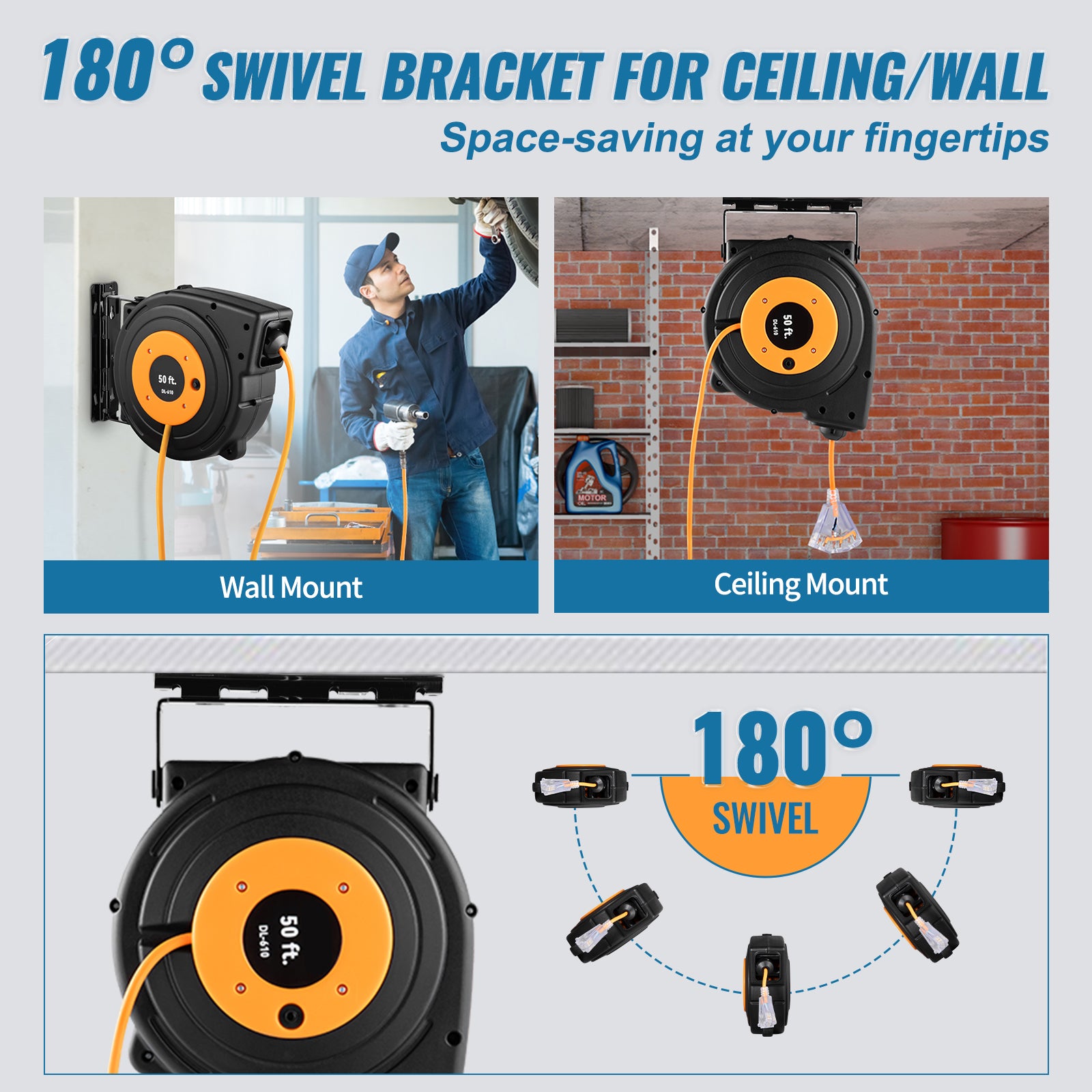 50ft Retractable Extension Cord Reel 14AWG/3CSJTOW Power Cord Reel