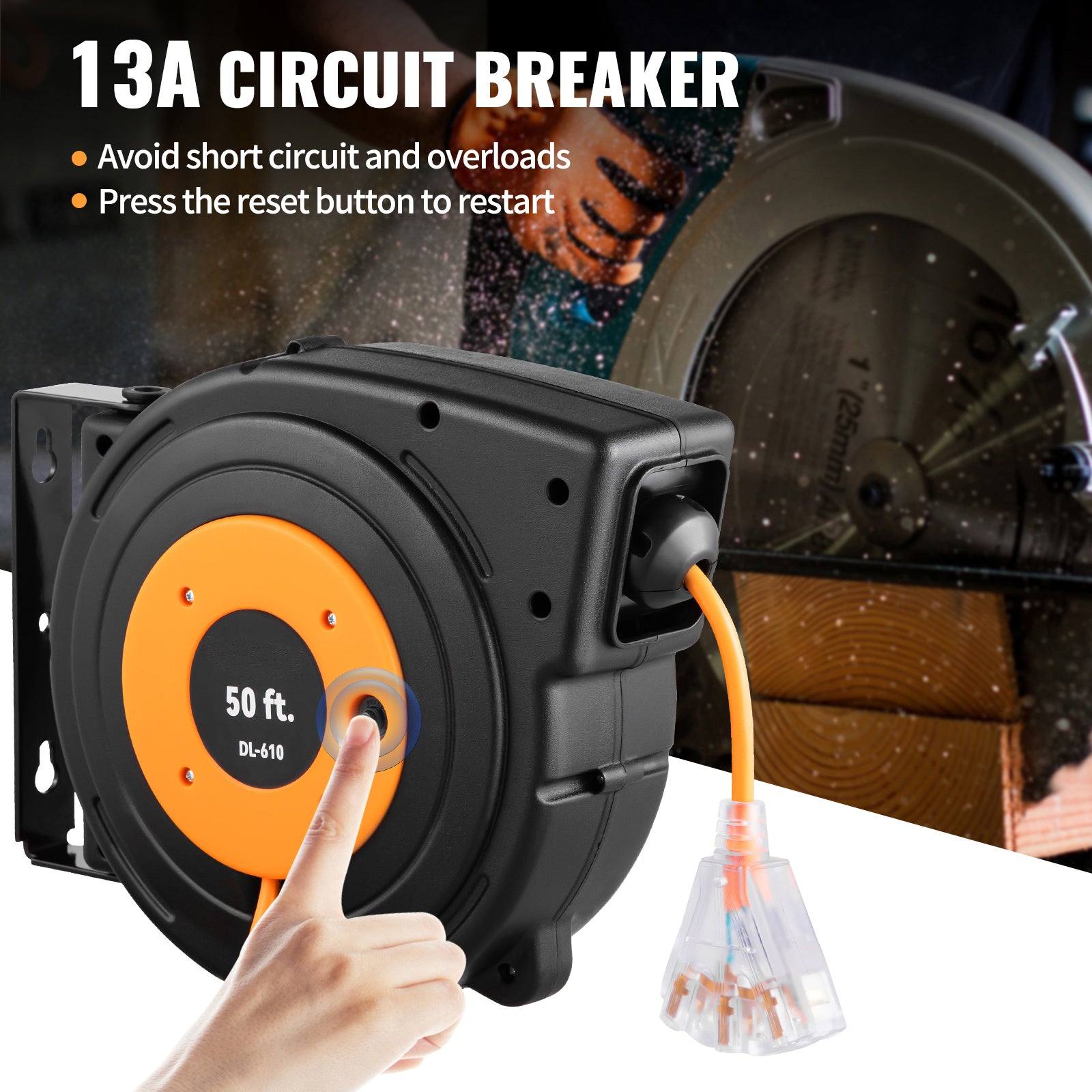 50ft Retractable Extension Cord Reel 14AWG/3CSJTOW Power Cord Reel