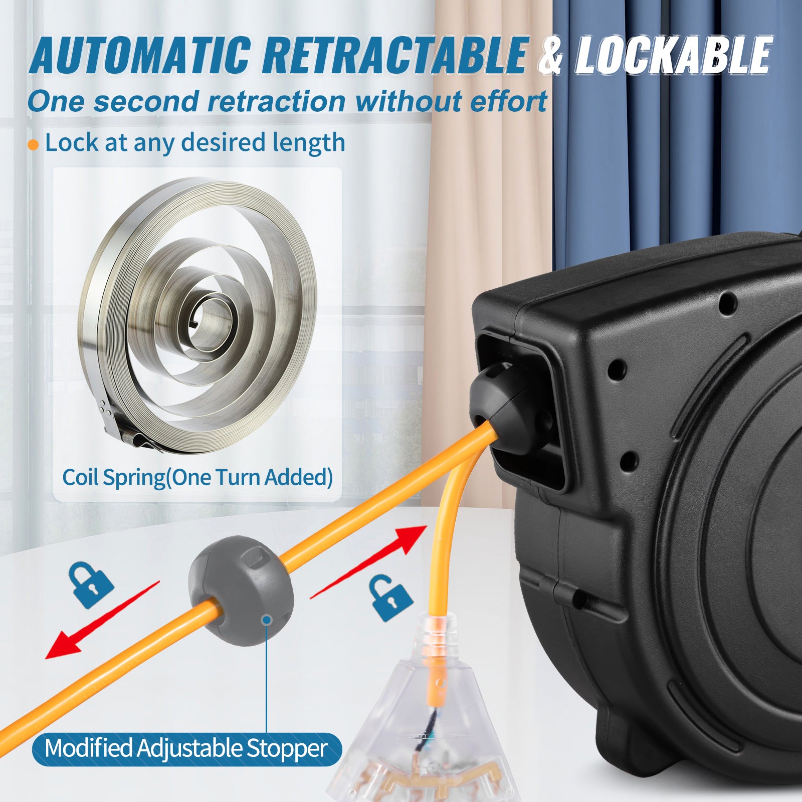 50ft Retractable Extension Cord Reel 14AWG/3CSJTOW Power Cord Reel