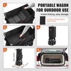 Foldable Double Decker Wagon, 400L Collapsible Wagon Cart with All-Terrain Wheels, Heavy Duty Folding Wagon Cart 350-450 lb Weight Capacity for Camping, Shopping, Garden, 52" Extra Long Extender