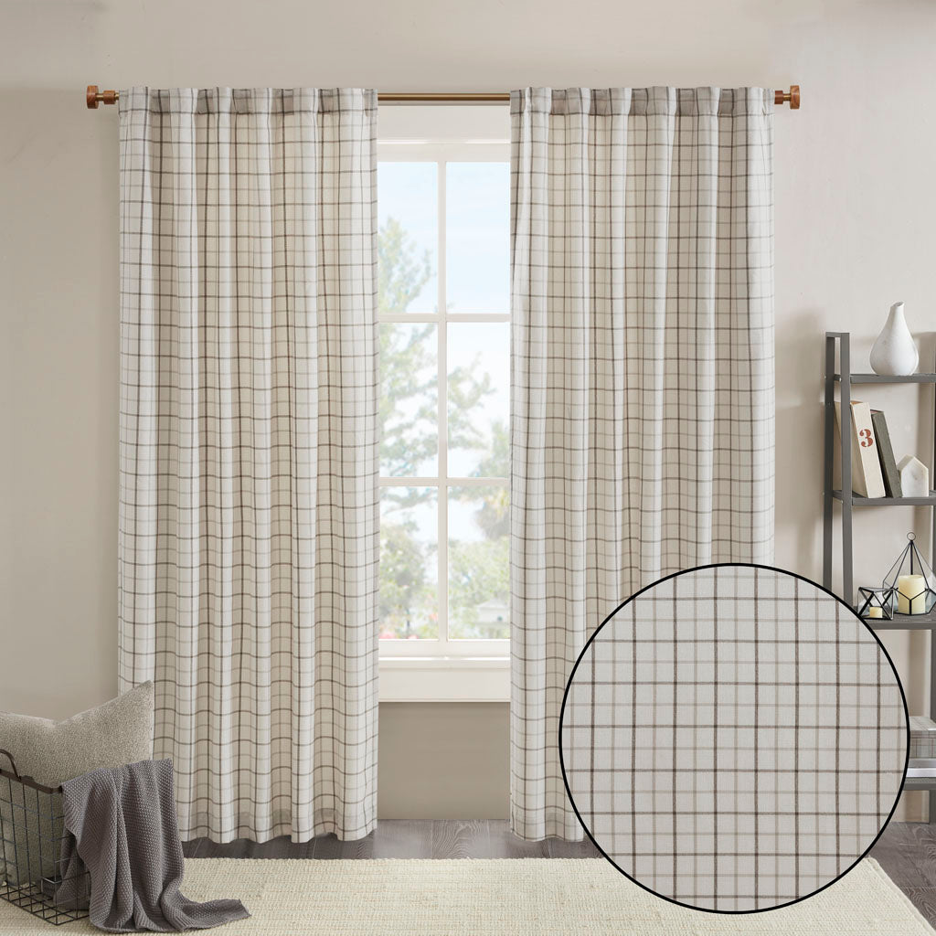 Plaid Rod Pocket and Back Tab Curtain Panel with Fleece Lining Natural 50x95"