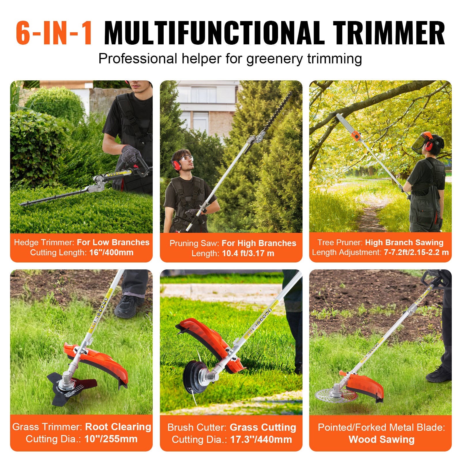 26CC 6-in-1 Multi-Functional Trimming Tools, Gas Hedge Trimmer, Weed Eater, String Trimmer, Brush Cutter, Edger, Pole Saw Chainsaw Pruner with Extension Pole