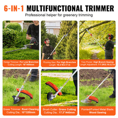 26CC 6-in-1 Multi-Functional Trimming Tools, Gas Hedge Trimmer, Weed Eater, String Trimmer, Brush Cutter, Edger, Pole Saw Chainsaw Pruner with Extension Pole