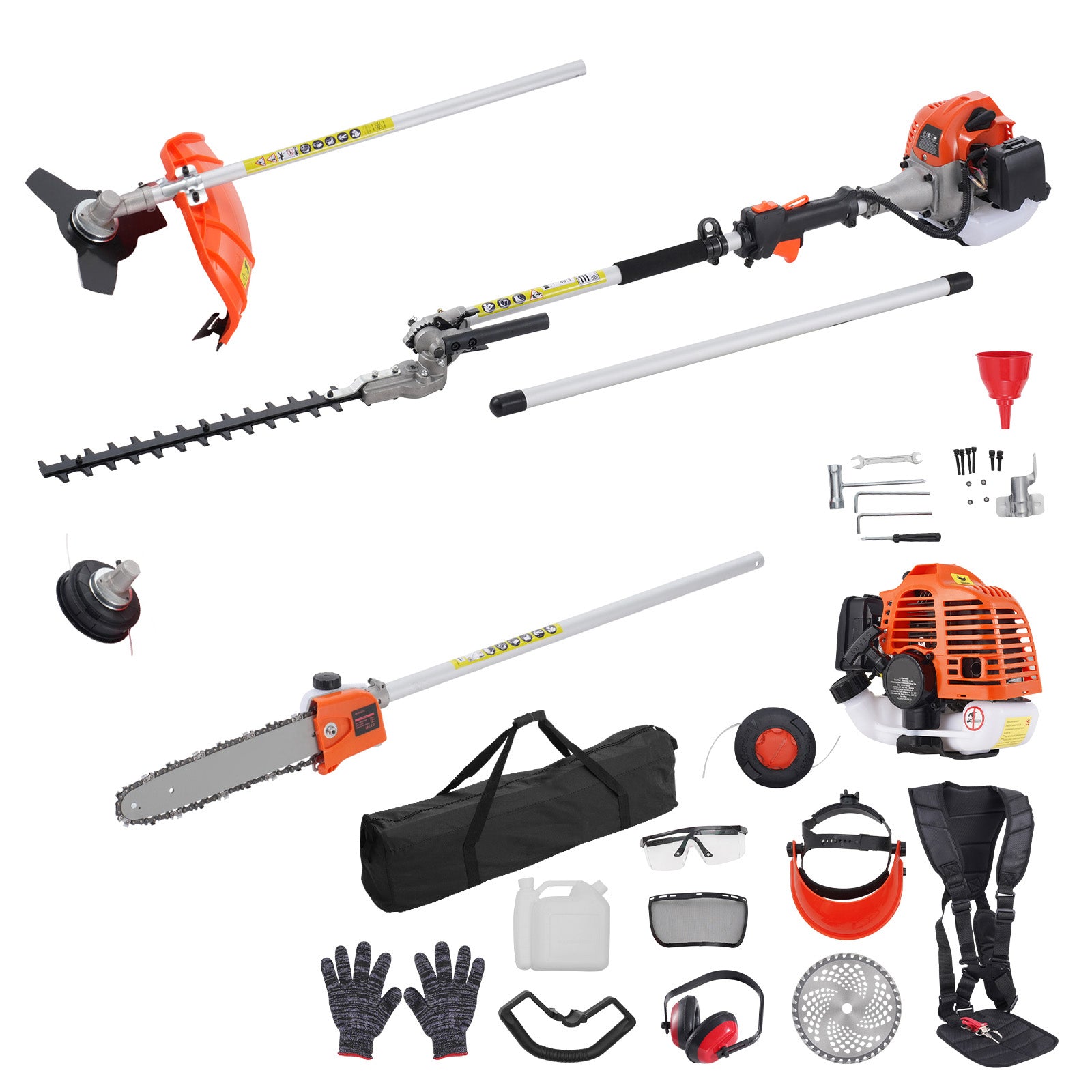 26CC 6-in-1 Multi-Functional Trimming Tools, Gas Hedge Trimmer, Weed Eater, String Trimmer, Brush Cutter, Edger, Pole Saw Chainsaw Pruner with Extension Pole