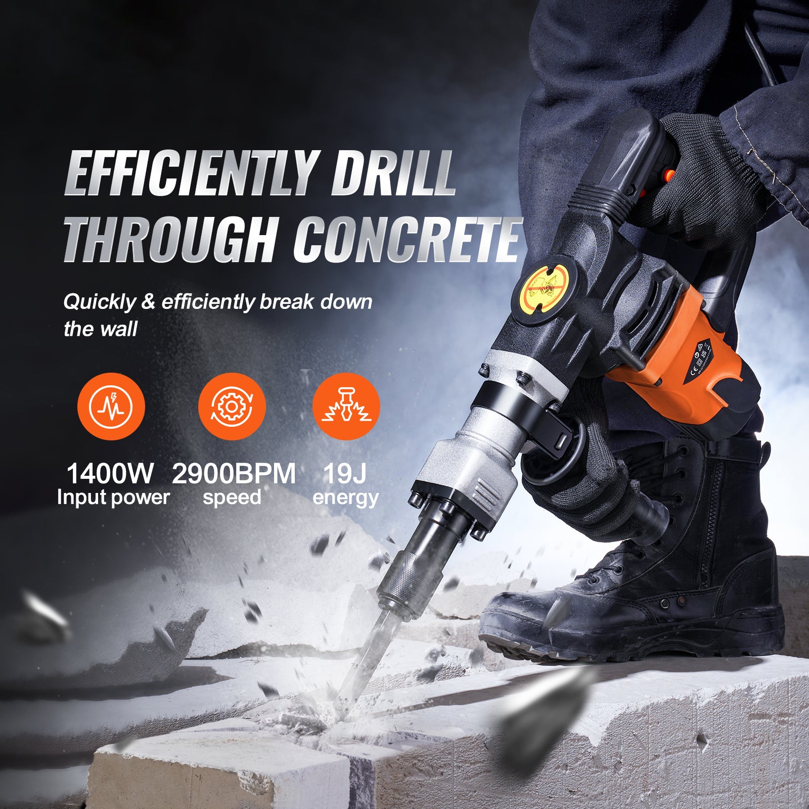 Demolition Jack Hammer Concrete Breaker 1400W Electric Hammer 2 Chisel Bit