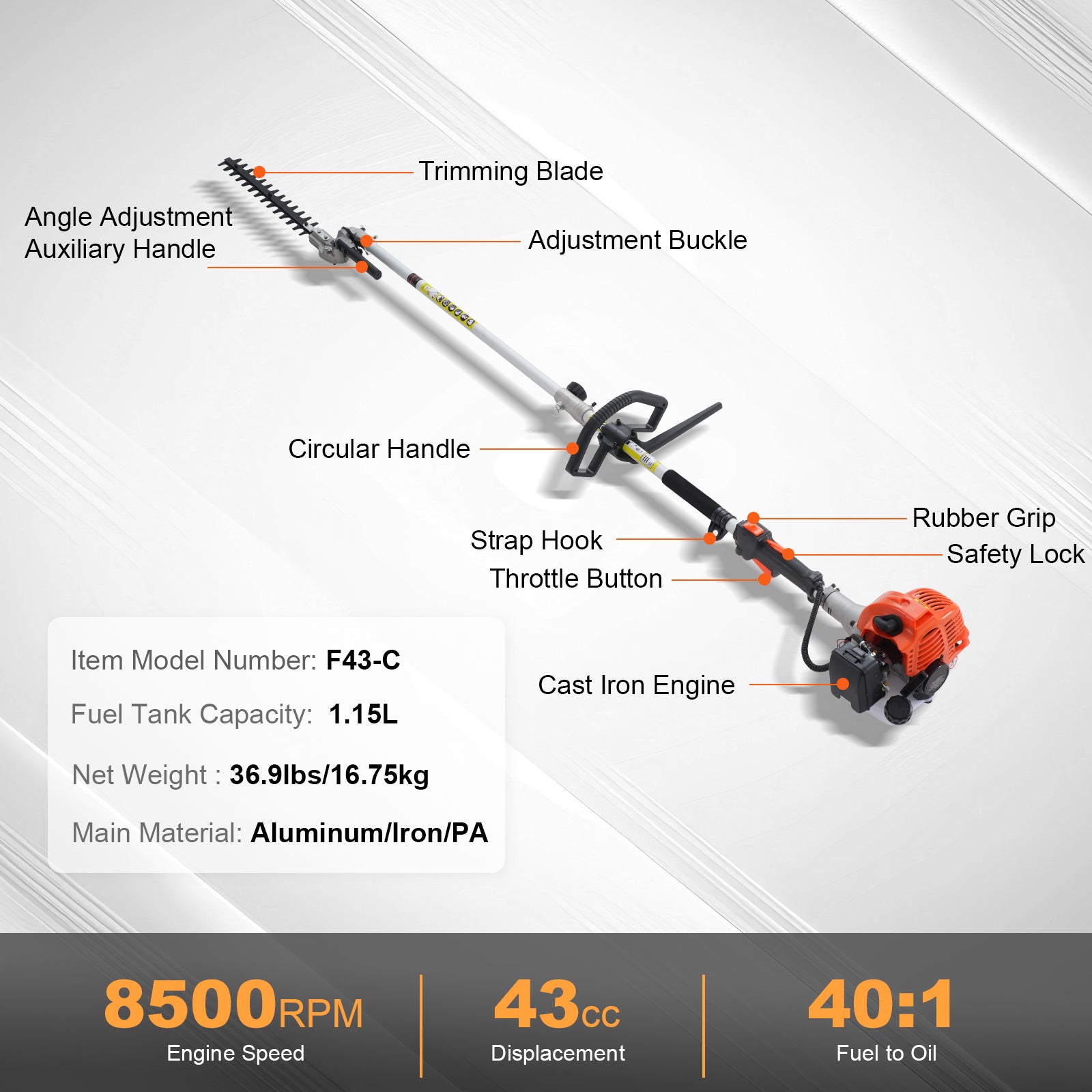 43CC 6-in-1 Multi-Functional Trimming Tools, Gas Hedge Trimmer, Weed Eater, String Trimmer, Brush Cutter, Edger, Pole Saw Chainsaw Pruner with Extension Pole