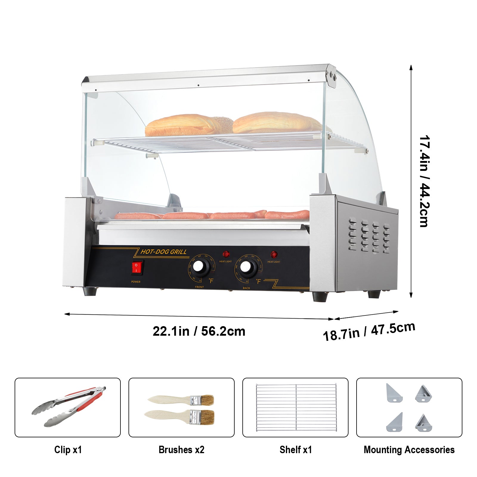 Hot Dog Roller, 11 Rollers 30 Hot Dogs Capacity, 1650W Stainless Sausage Grill Cooker Machine with Dual Temp Control Glass Hood Acrylic Cover Bun Warmer Shelf Removable Drip Tray, ETL Certified