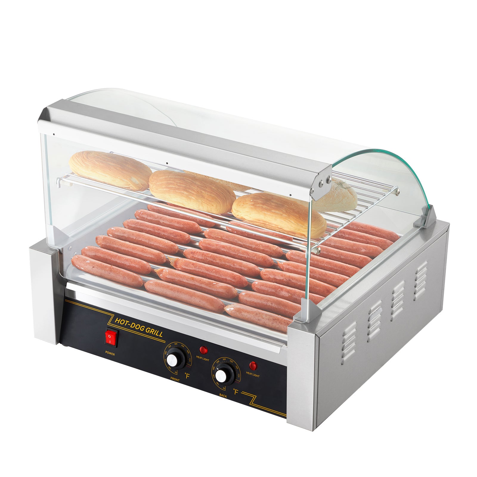 Hot Dog Roller, 11 Rollers 30 Hot Dogs Capacity, 1650W Stainless Sausage Grill Cooker Machine with Dual Temp Control Glass Hood Acrylic Cover Bun Warmer Shelf Removable Drip Tray, ETL Certified