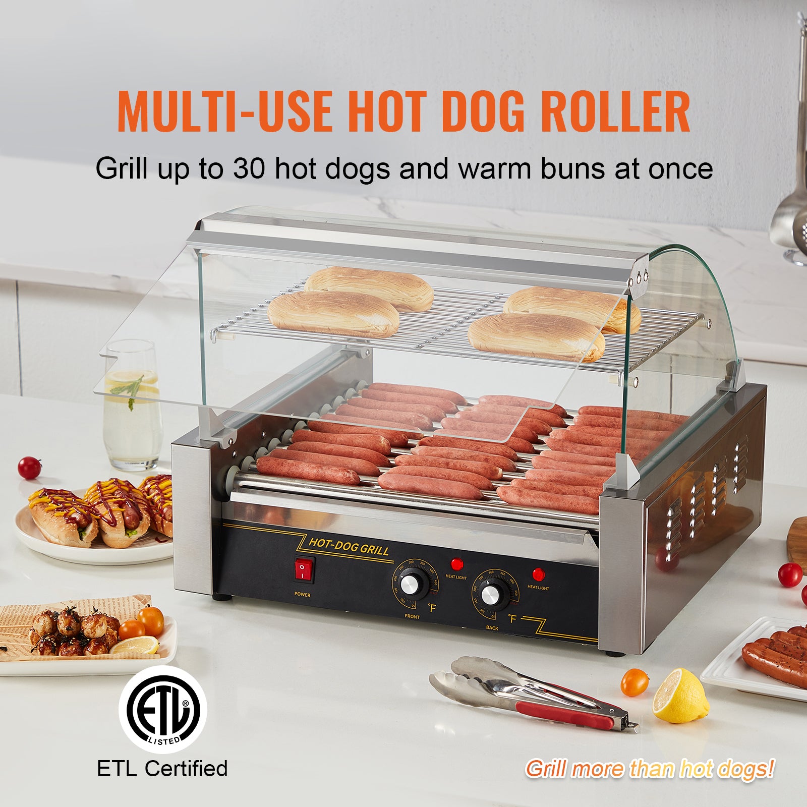 Hot Dog Roller, 11 Rollers 30 Hot Dogs Capacity, 1650W Stainless Sausage Grill Cooker Machine with Dual Temp Control Glass Hood Acrylic Cover Bun Warmer Shelf Removable Drip Tray, ETL Certified