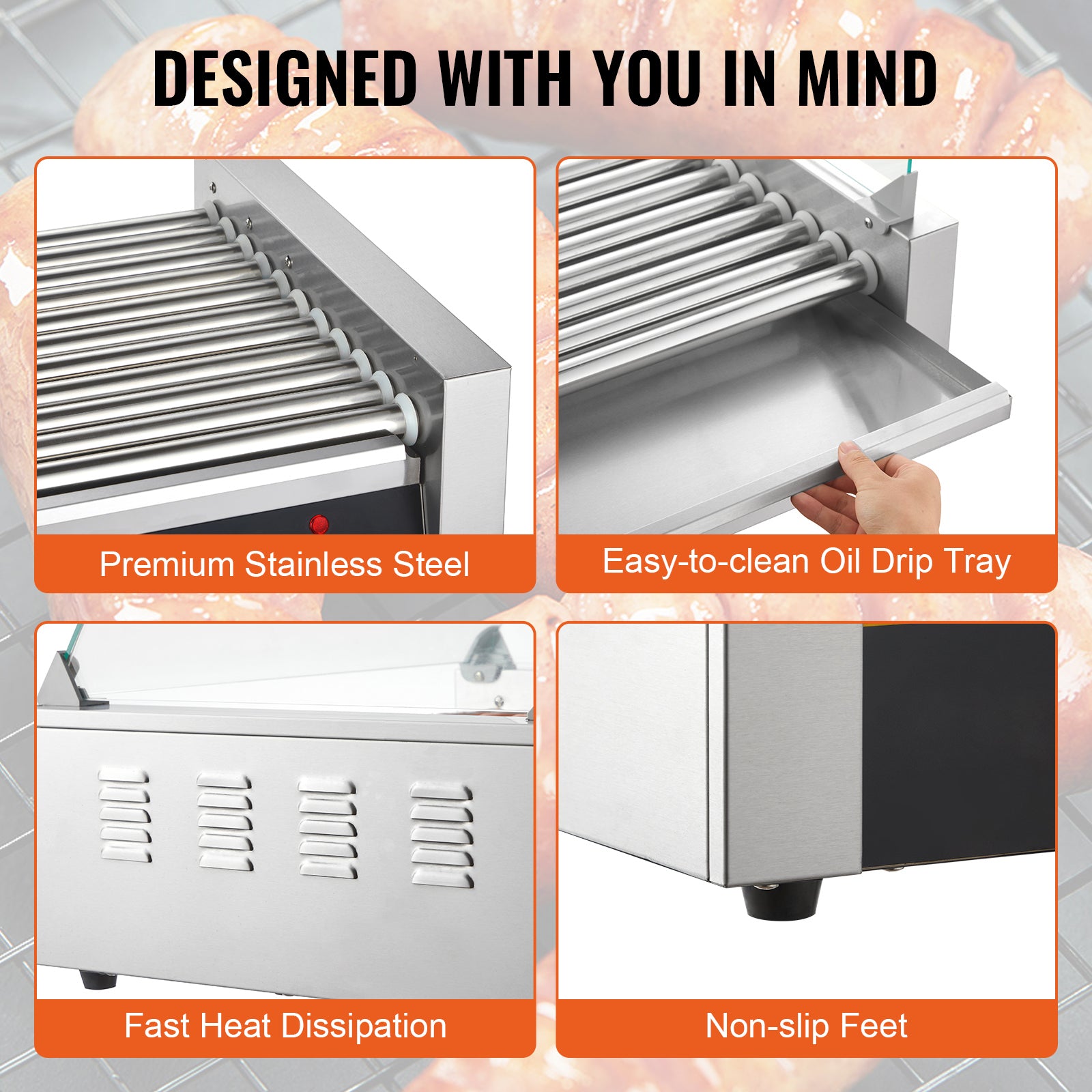 Hot Dog Roller, 11 Rollers 30 Hot Dogs Capacity, 1650W Stainless Sausage Grill Cooker Machine with Dual Temp Control Glass Hood Acrylic Cover Bun Warmer Shelf Removable Drip Tray, ETL Certified