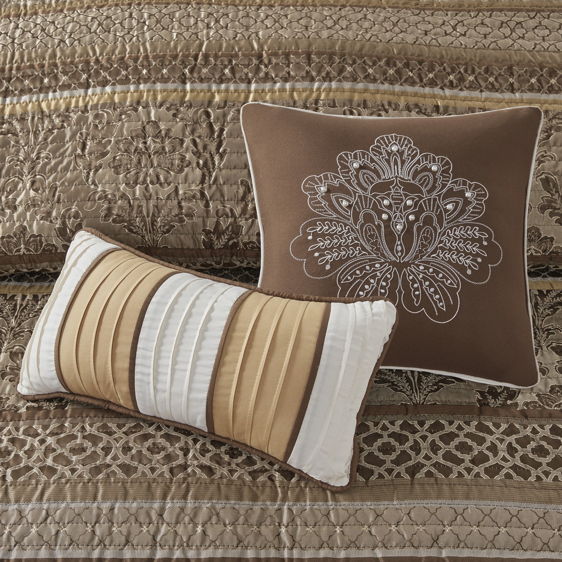 6 Piece Jacquard Quilt Set with Throw Pillows Brown/Gold Full/Queen