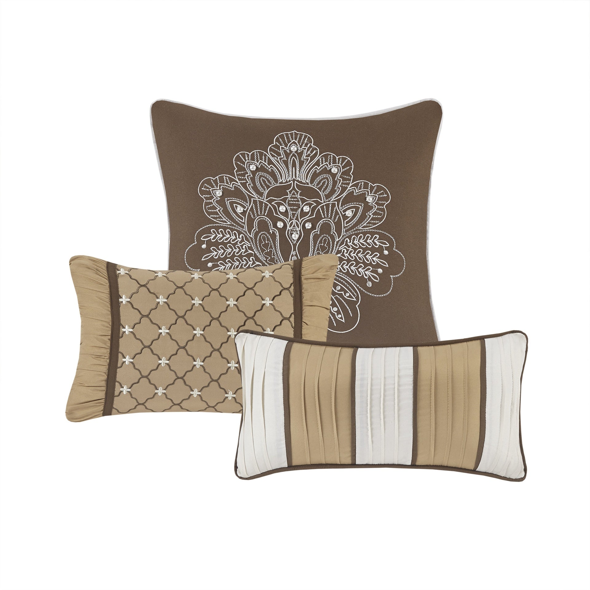 6 Piece Jacquard Quilt Set with Throw Pillows Brown/Gold Full/Queen