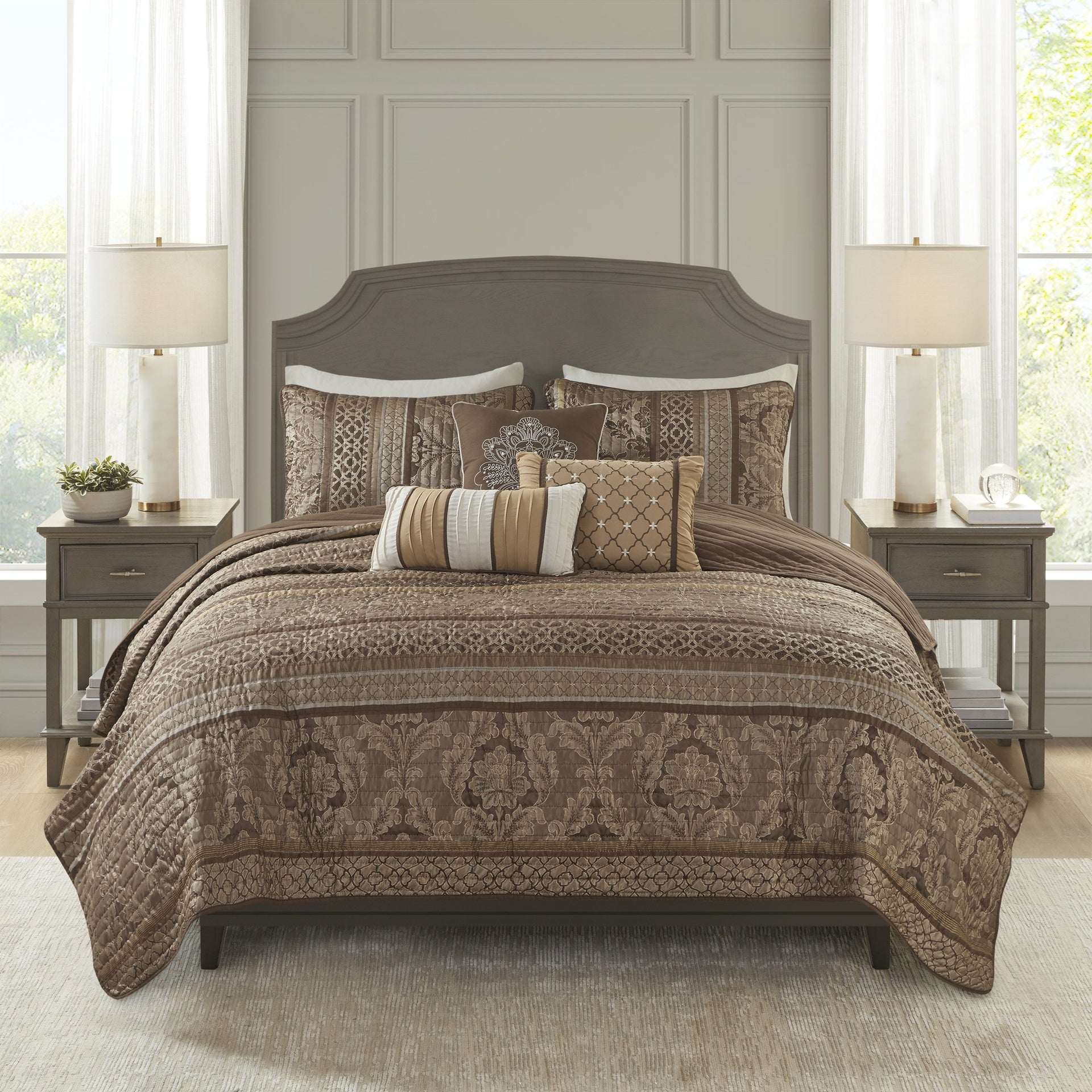 6 Piece Jacquard Quilt Set with Throw Pillows Brown/Gold Full/Queen