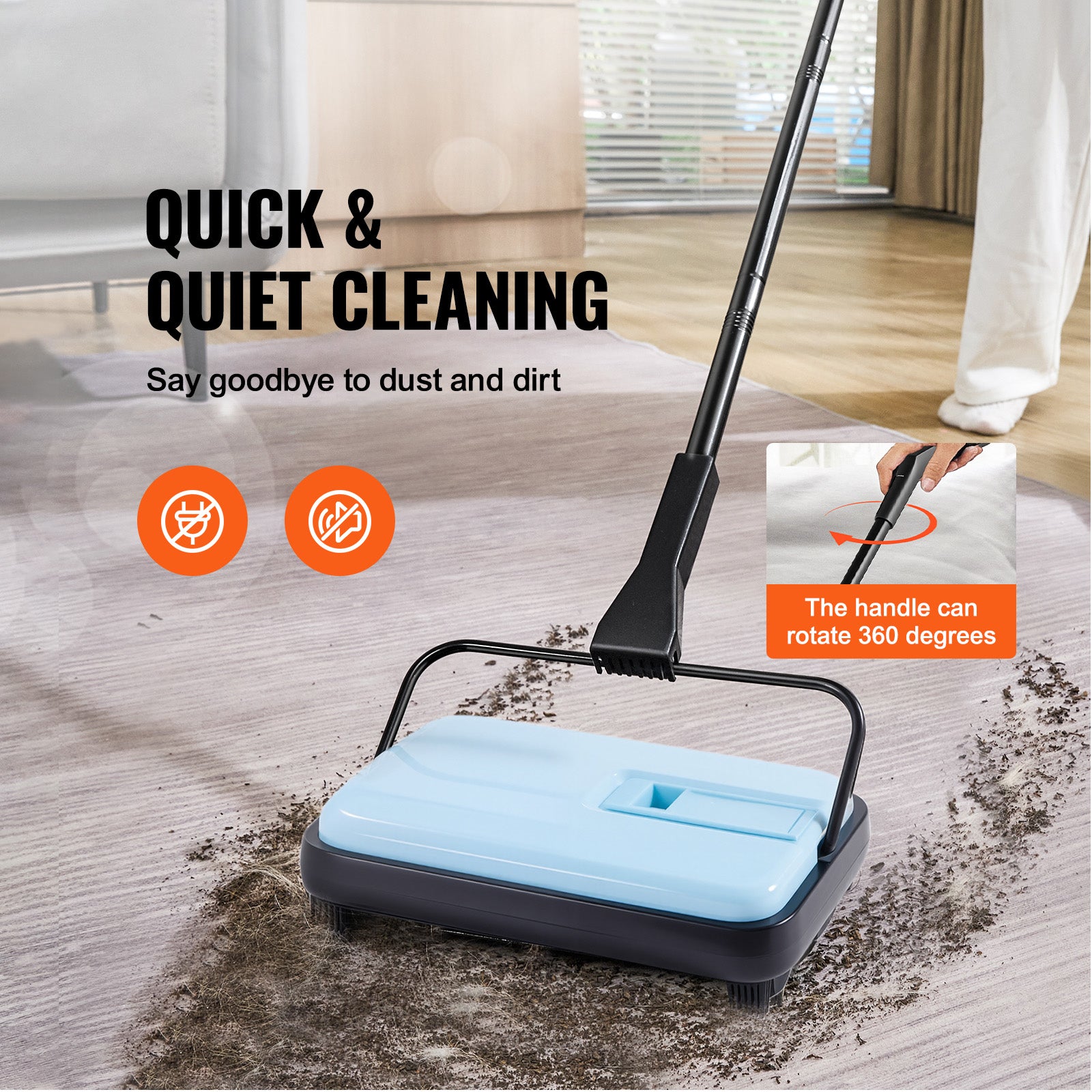 Carpet Floor Sweeper Manual 6.7 inch Width Sweeping Paths Non Electric Blue