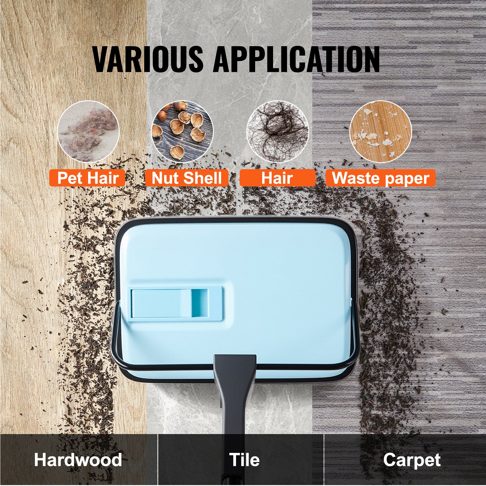 Carpet Floor Sweeper Manual 6.7 inch Width Sweeping Paths Non Electric Blue
