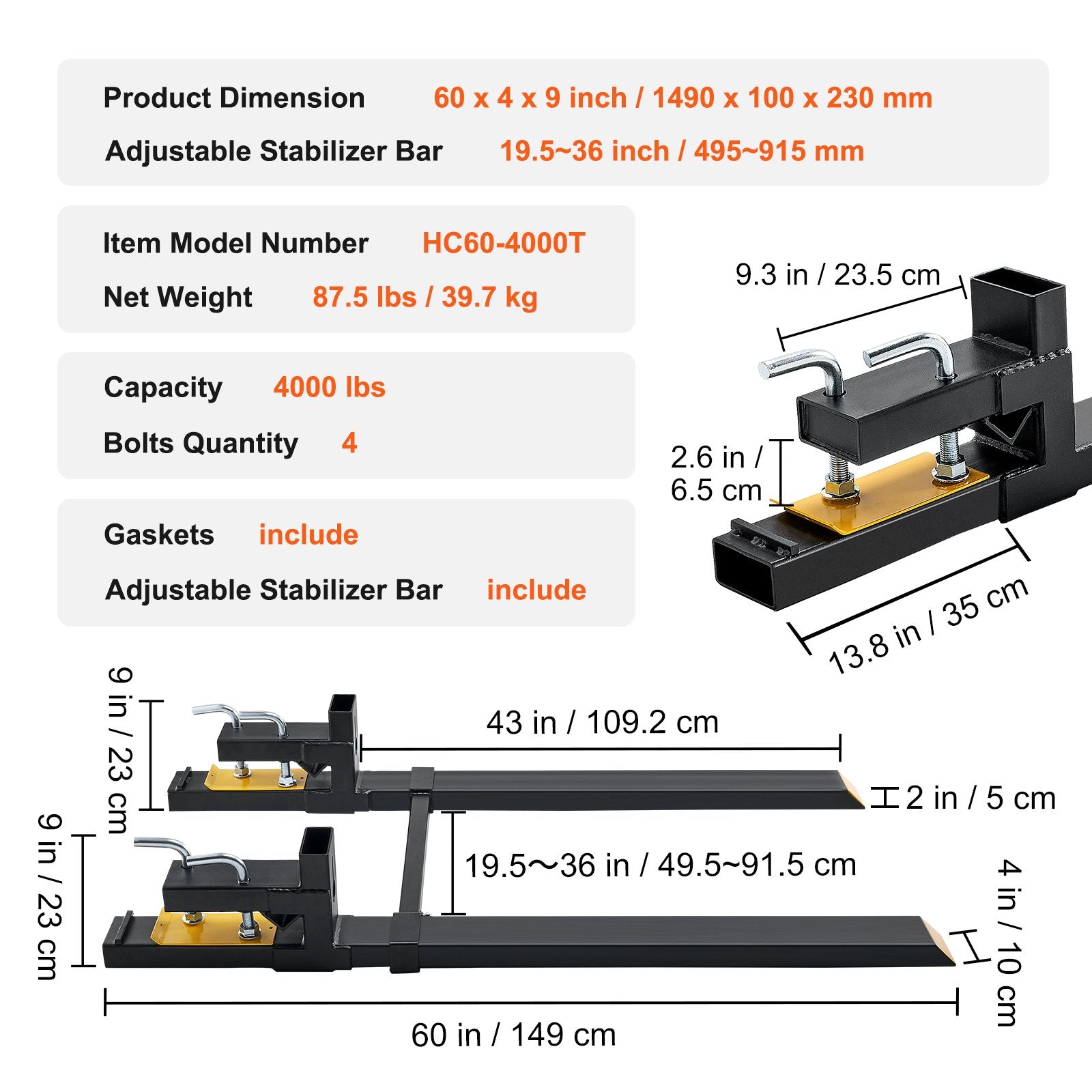 Pallet Forks, 4000 lbs Clamp on Pallet Forks, 60" Total Length Heavy Duty Pallet Forks with Adjustable Stabilizer Bar, Tractor Bucket Forks for Tractor Attachments, Skid Steer, Loader Bucket