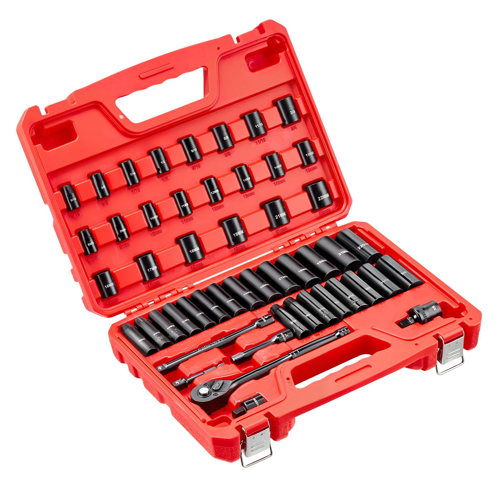 3/8 in Drive Impact Socket Set, 50 Piece, 6 Point Deep & Shallow Impact Sockets, SAE (5/16 in to 3/4 in) and Metric (8 to 22 mm) Sizes with 3 in & 6 in Extension Bars, Cr-V Steel, Carrying Case