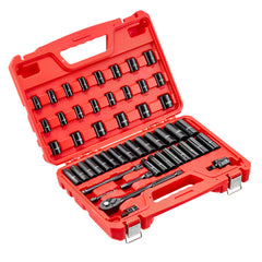 3/8 in Drive Impact Socket Set, 50 Piece, 6 Point Deep & Shallow Impact Sockets, SAE (5/16 in to 3/4 in) and Metric (8 to 22 mm) Sizes with 3 in & 6 in Extension Bars, Cr-V Steel, Carrying Case