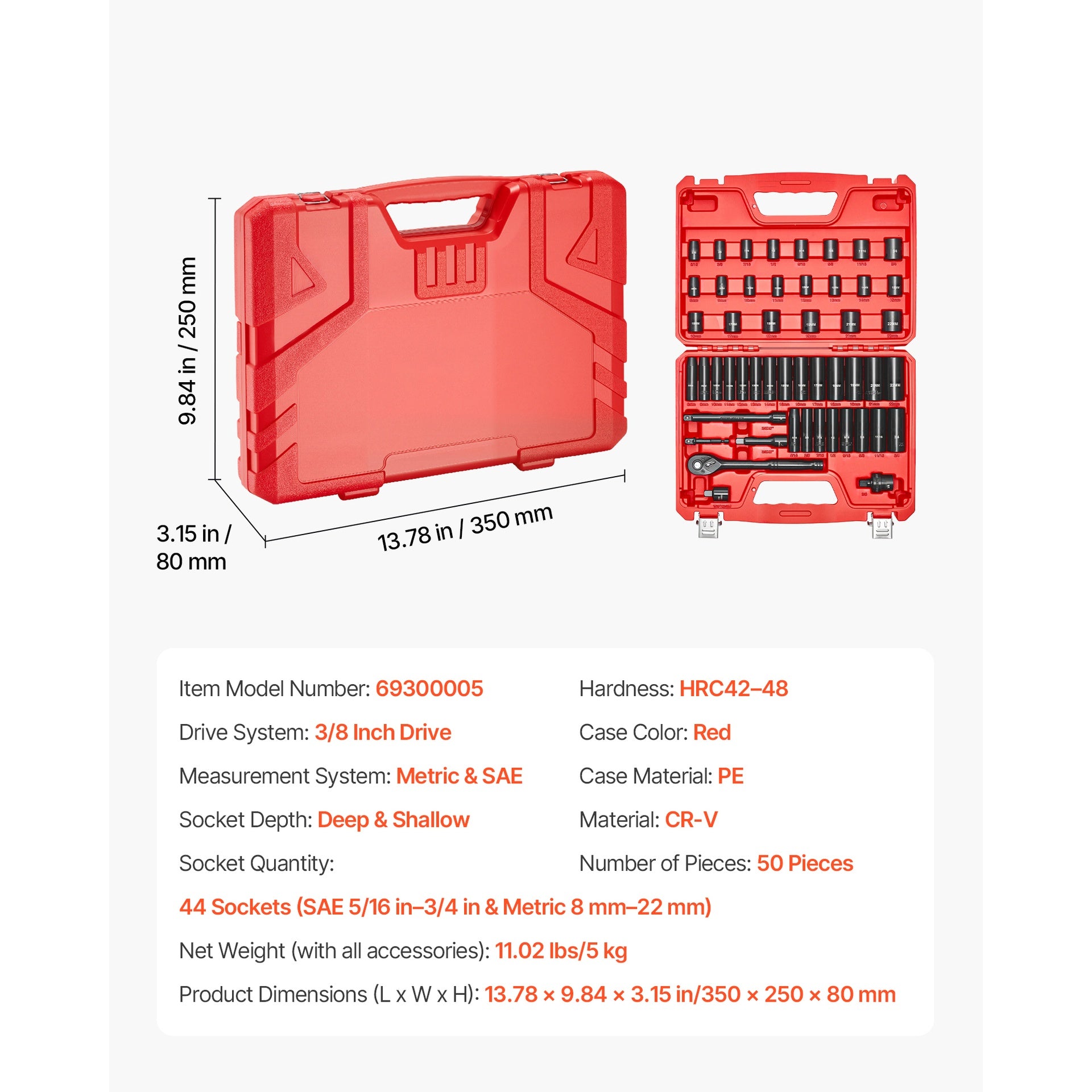 3/8 in Drive Impact Socket Set, 50 Piece, 6 Point Deep & Shallow Impact Sockets, SAE (5/16 in to 3/4 in) and Metric (8 to 22 mm) Sizes with 3 in & 6 in Extension Bars, Cr-V Steel, Carrying Case