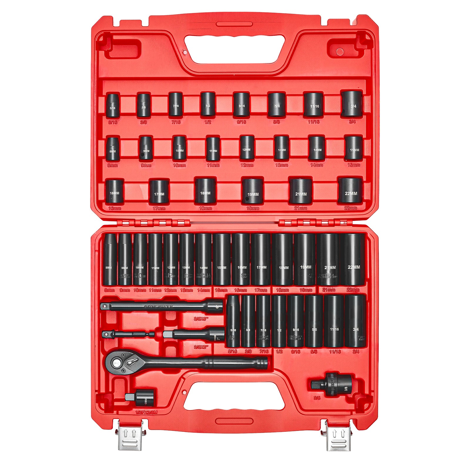 3/8 in Drive Impact Socket Set, 50 Piece, 6 Point Deep & Shallow Impact Sockets, SAE (5/16 in to 3/4 in) and Metric (8 to 22 mm) Sizes with 3 in & 6 in Extension Bars, Cr-V Steel, Carrying Case