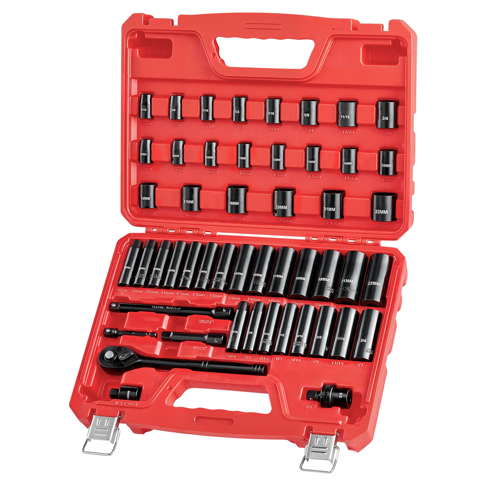 3/8 in Drive Impact Socket Set, 50 Piece, 6 Point Deep & Shallow Impact Sockets, SAE (5/16 in to 3/4 in) and Metric (8 to 22 mm) Sizes with 3 in & 6 in Extension Bars, Cr-V Steel, Carrying Case