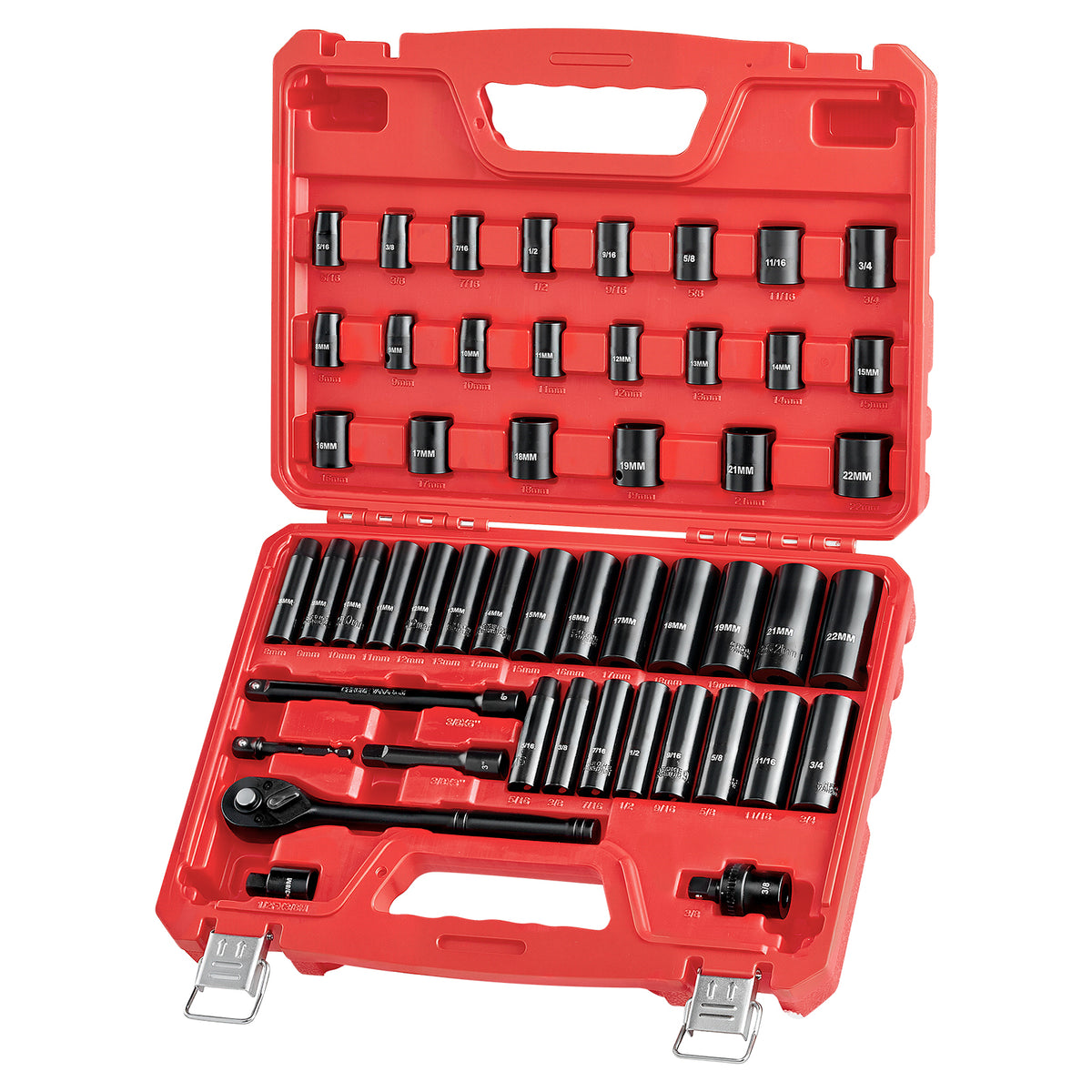3/8 in Drive Impact Socket Set, 50 Piece, 6 Point Deep & Shallow Impact Sockets, SAE (5/16 in to 3/4 in) and Metric (8 to 22 mm) Sizes with 3 in & 6 in Extension Bars, Cr-V Steel, Carrying Case