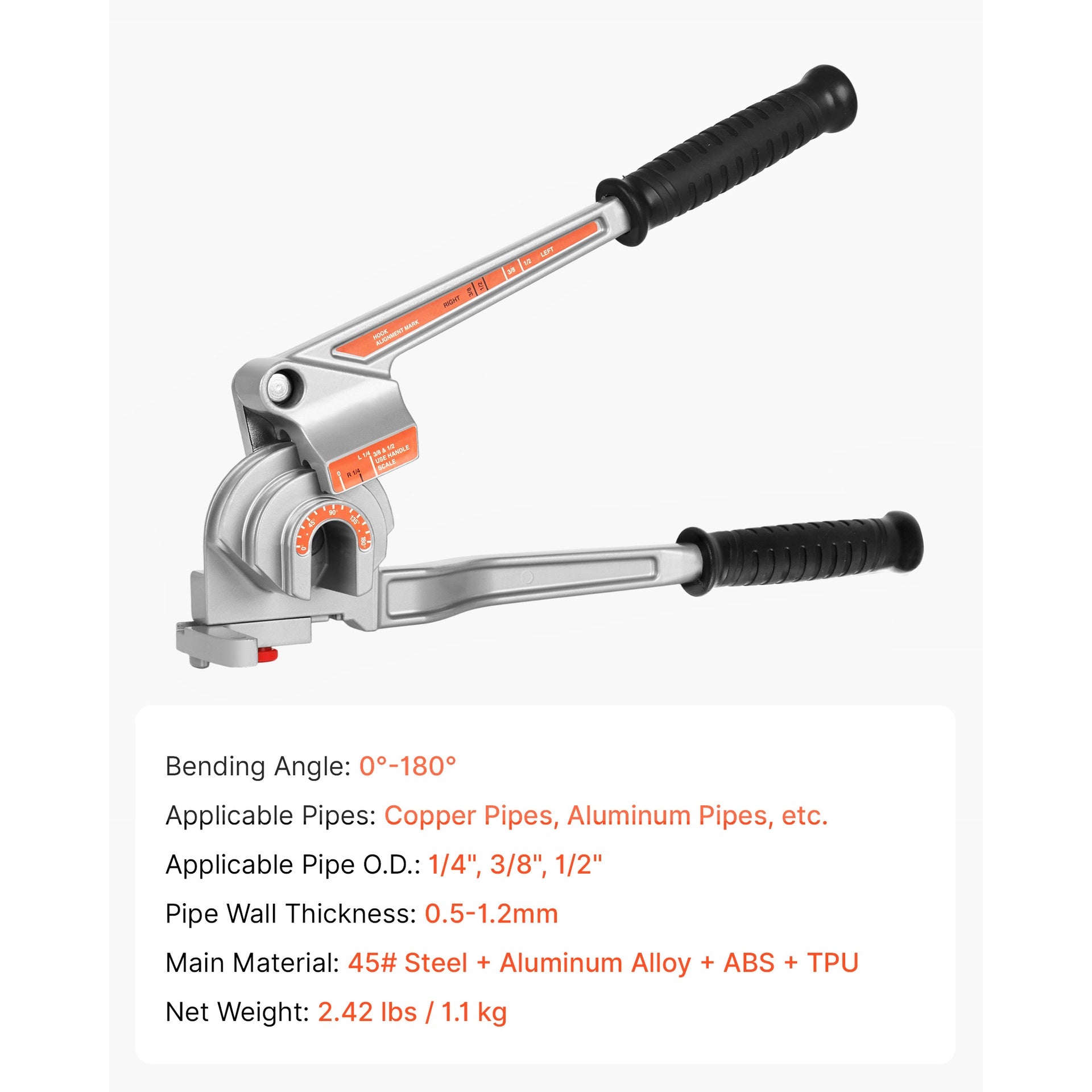 3 in 1 Lever Pipe Tube Bender for 1/4", 3/8", 1/2" O.D. 0-180° Bending