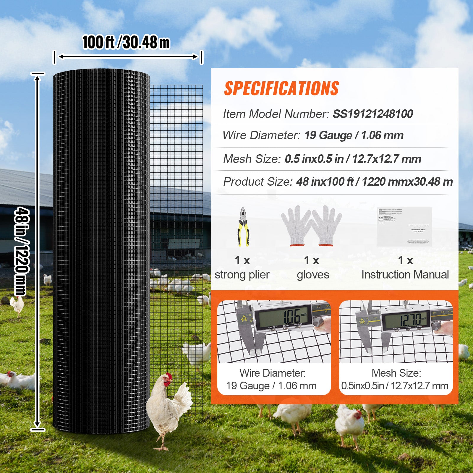 Hardware Cloth, 48'' x 100' Galvanized Wire Mesh Roll, 19 Gauge Chicken Wire Fence Roll, Vinyl Coating Metal Wire Mesh for Chicken Coop Barrier, Rabbit Snake Fences, Poultry Enclosures