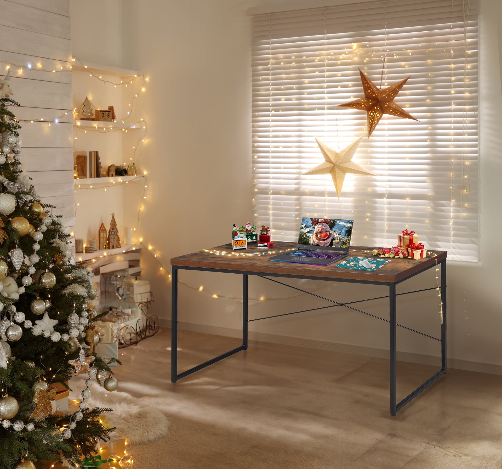 Bob Weathered Oak & Black Finish Writing Desk/Dressing Table/Game Table/Small Dining Table w/ Metal Legs