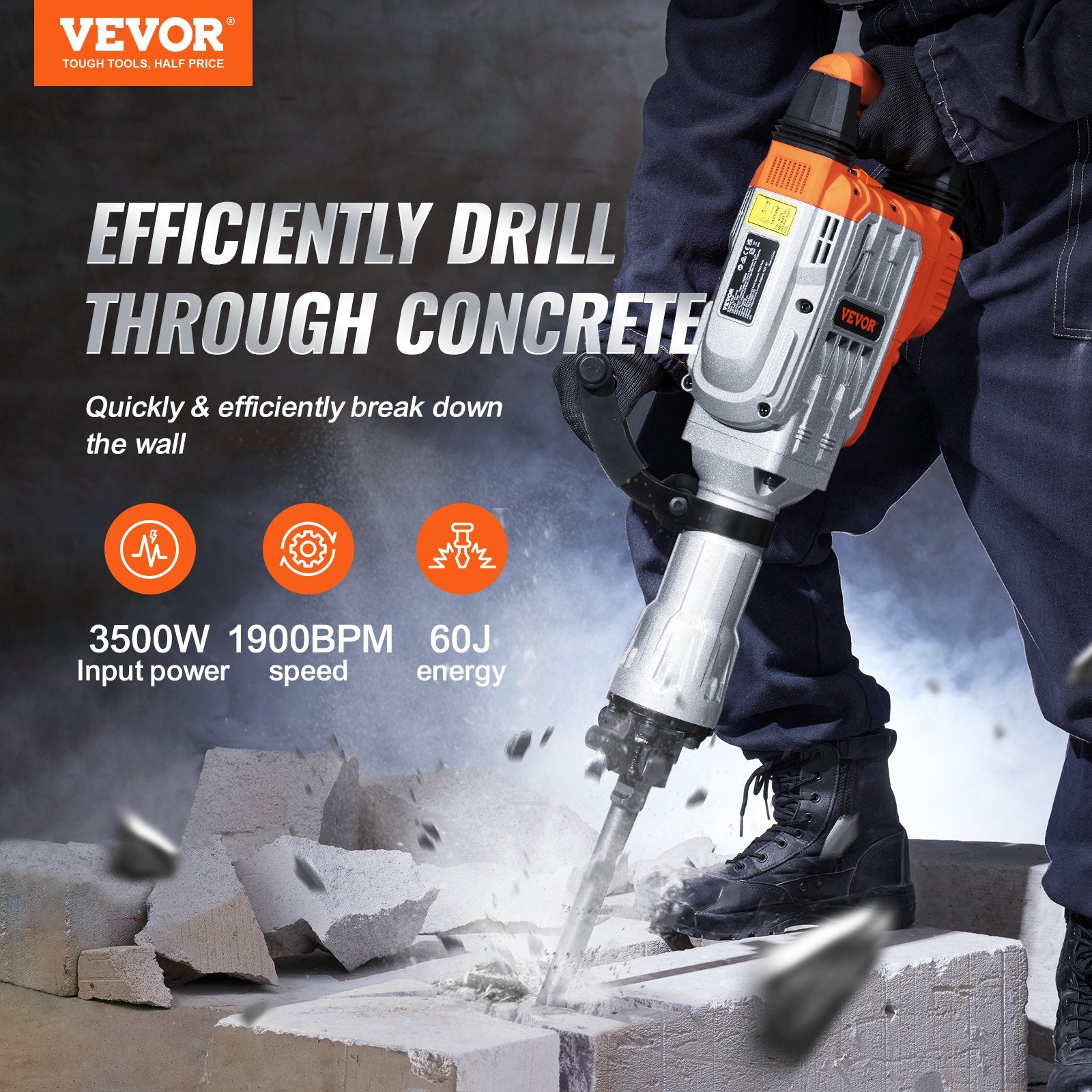 Demolition Jack Hammer Concrete Breaker 3500W Electric Hammer 2 Chisel Bits