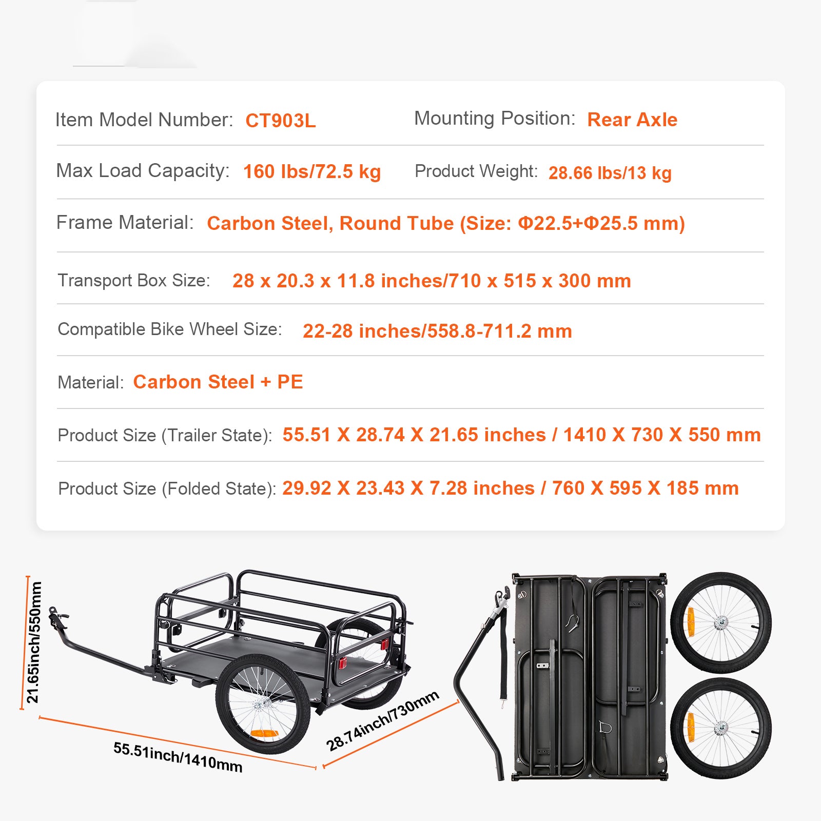 Bike Cargo Trailer, 160 lbs Load Capacity, Heavy-Duty Bicycle Wagon Cart, Foldable Compact Storage & Quick Release with Universal Hitch, 16" Wheels, Safe Reflectors, Fits 22"-28" Bike Wheels