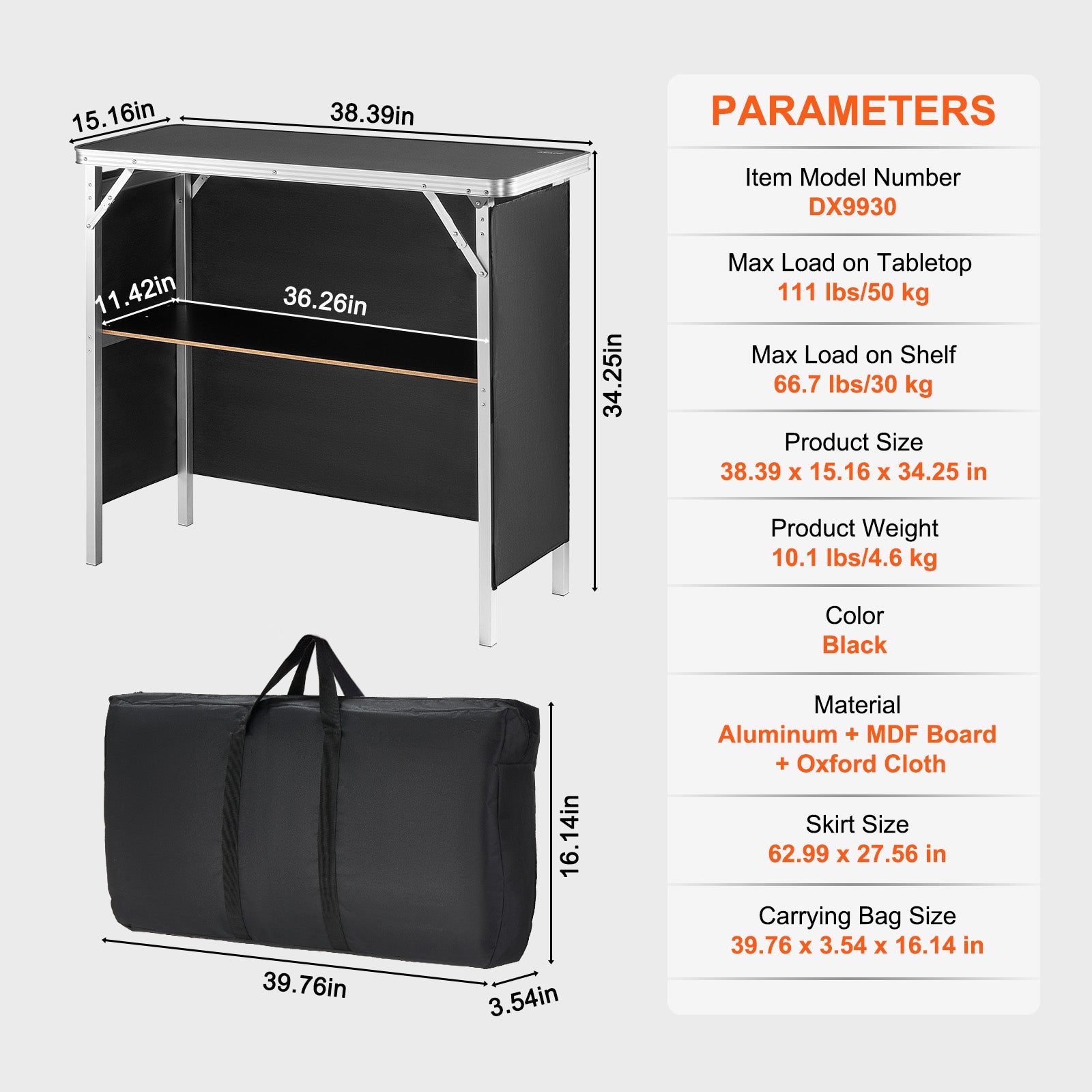 Folding Portable Bar Table, Tradeshow Podium Table for Indoor, Outdoor, Party, Picnic, Exhibition, Includes Carrying Case, Storage Shelf and  Black Skirt, 38.39" x 15.16" x 34.25"