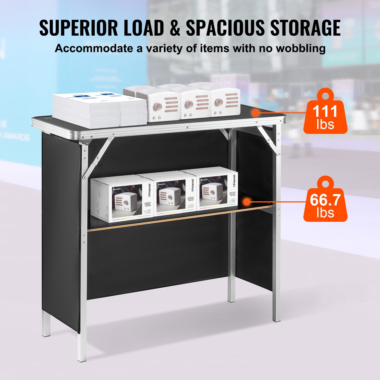 Folding Portable Bar Table, Tradeshow Podium Table for Indoor, Outdoor, Party, Picnic, Exhibition, Includes Carrying Case, Storage Shelf and  Black Skirt, 38.39" x 15.16" x 34.25"