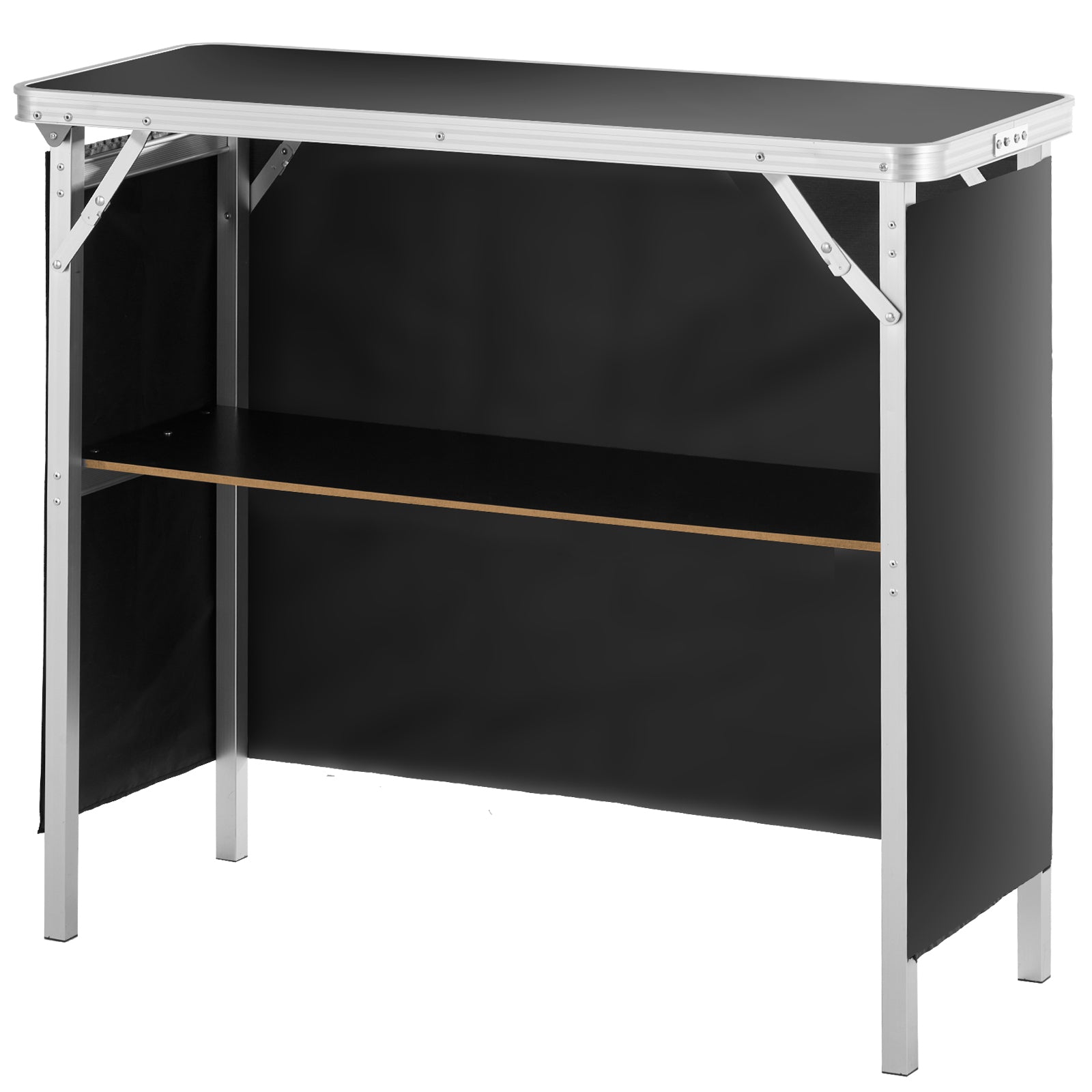 Folding Portable Bar Table, Tradeshow Podium Table for Indoor, Outdoor, Party, Picnic, Exhibition, Includes Carrying Case, Storage Shelf and  Black Skirt, 38.39" x 15.16" x 34.25"