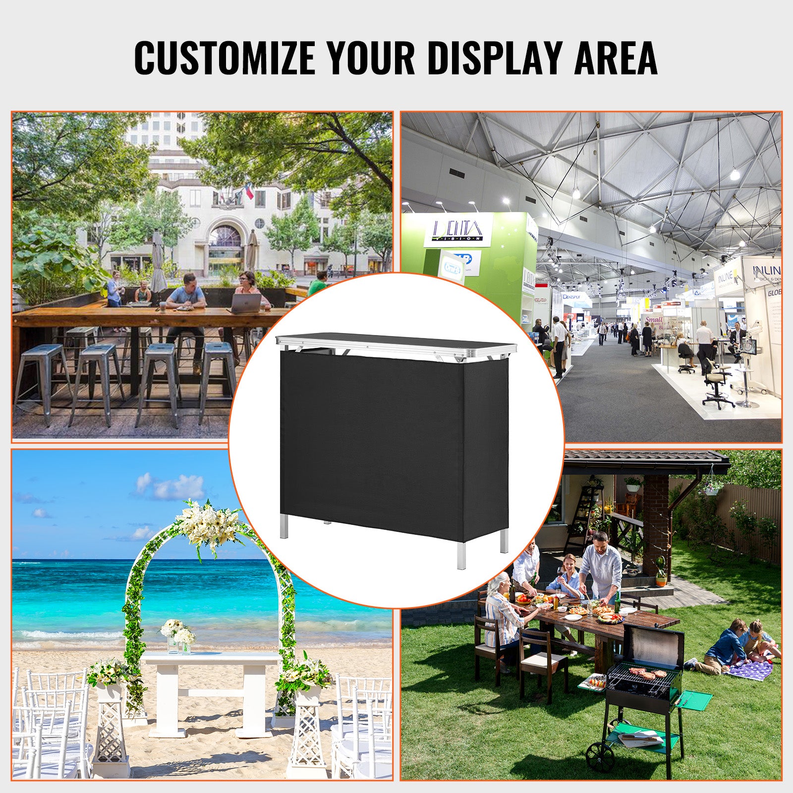 Folding Portable Bar Table, Tradeshow Podium Table for Indoor, Outdoor, Party, Picnic, Exhibition, Includes Carrying Case, Storage Shelf and  Black Skirt, 38.39" x 15.16" x 34.25"