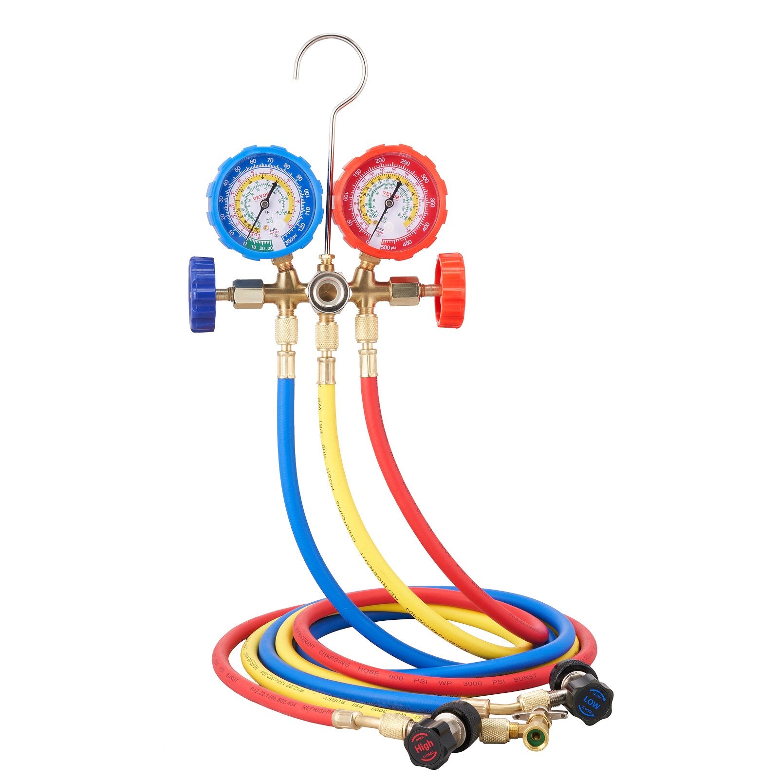 AC Gauge Set - 3 Way AC Manifold Gauge Set for R134A R22 R12 R502 Refrigerant, Freon Gauges with 5ft Hoses, Couplers, Can Tap Works on Car Auto Freon Charging and Evacuation