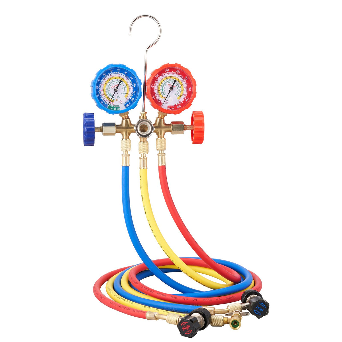 AC Gauge Set - 3 Way AC Manifold Gauge Set for R134A R22 R12 R502 Refrigerant, Freon Gauges with 5ft Hoses, Couplers, Can Tap Works on Car Auto Freon Charging and Evacuation