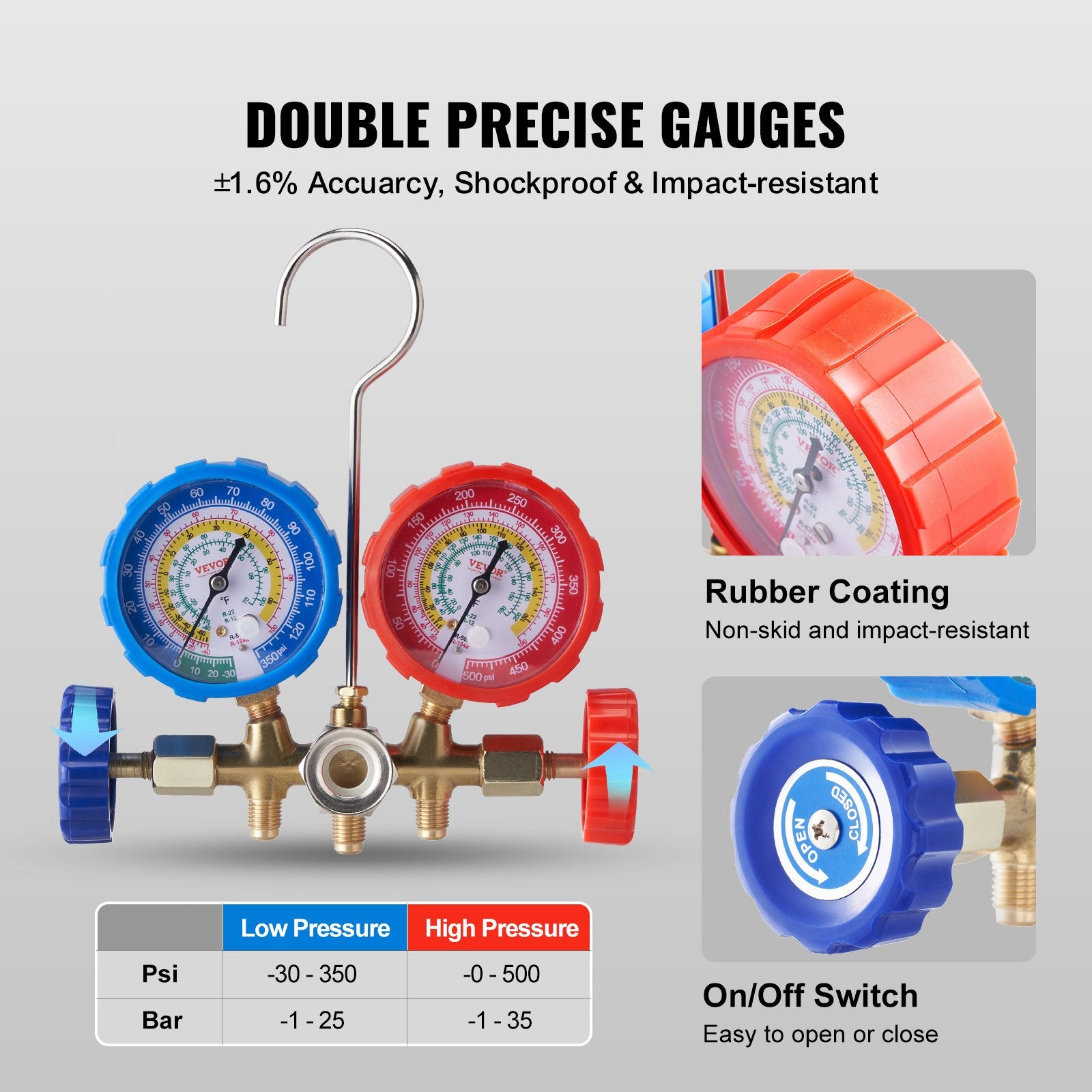 AC Gauge Set - 3 Way AC Manifold Gauge Set for R134A R22 R12 R502 Refrigerant, Freon Gauges with 5ft Hoses, Couplers, Can Tap Works on Car Auto Freon Charging and Evacuation