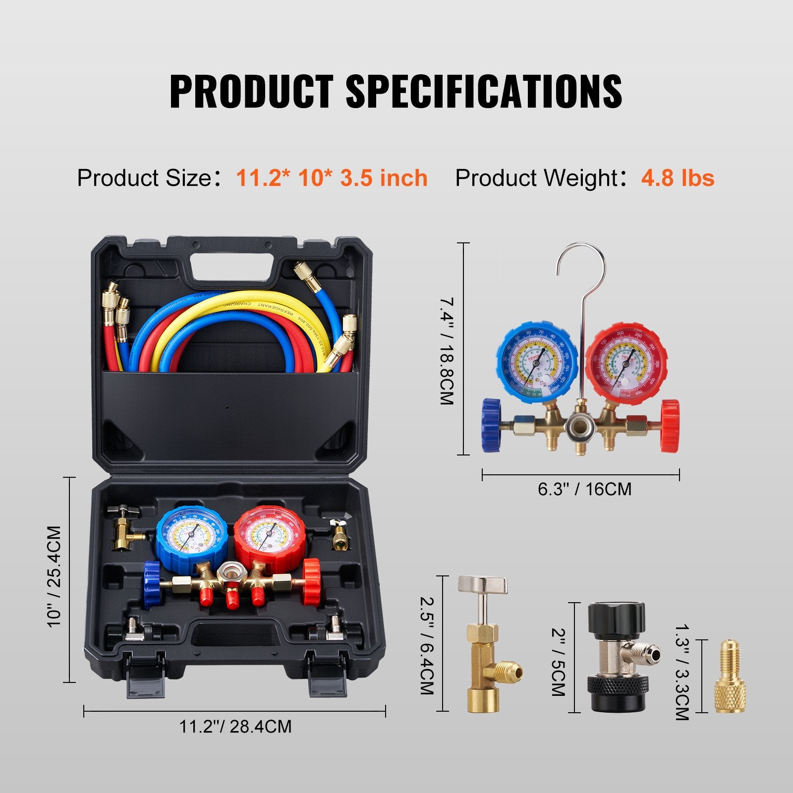 AC Gauge Set - 3 Way AC Manifold Gauge Set for R134A R22 R12 R502 Refrigerant, Freon Gauges with 5ft Hoses, Couplers, Can Tap Works on Car Auto Freon Charging and Evacuation