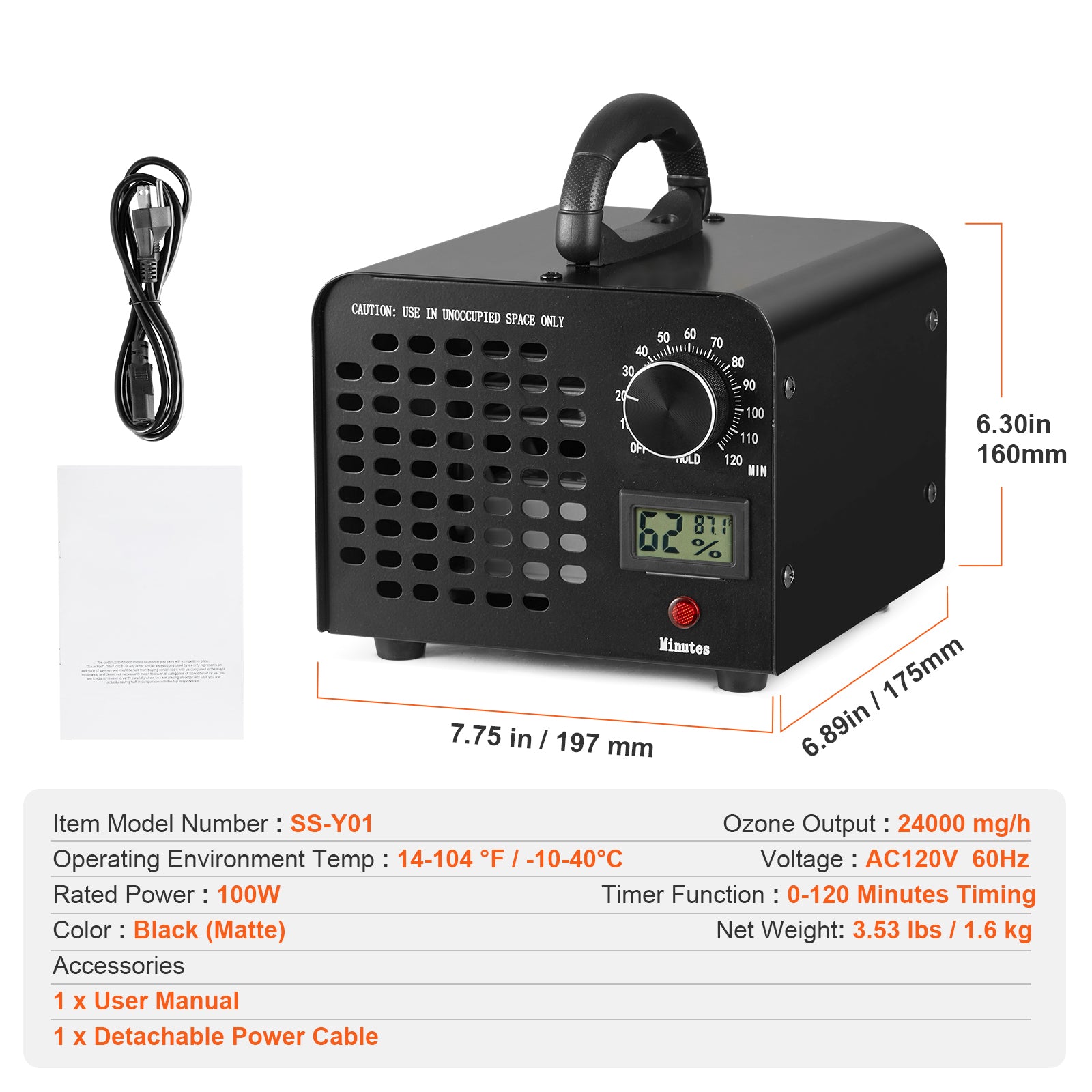 Ozone Generator, 24000mg/h Ozone Machine Odor Remover, High Capacity Commercial/Industrial Ozone Generator Machine, Home Air Ionizers Deodorizer with 0-120 min Time Setting for Rooms, Cars, Pets