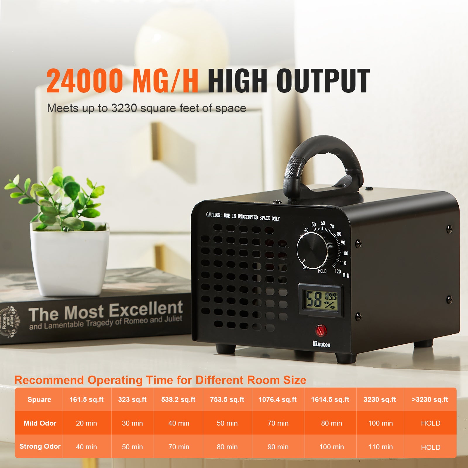Ozone Generator, 24000mg/h Ozone Machine Odor Remover, High Capacity Commercial/Industrial Ozone Generator Machine, Home Air Ionizers Deodorizer with 0-120 min Time Setting for Rooms, Cars, Pets
