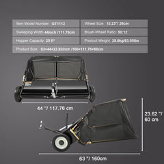 Tow Behind Lawn Sweeper, 44 in Pull Behind Lawn Sweeper, 25 cu. ft Large Capacity Leaf & Grass Collector, Heavy Duty Garden Sweeper with Adjustable Sweeping Height for Yard, Lawn, Farm
