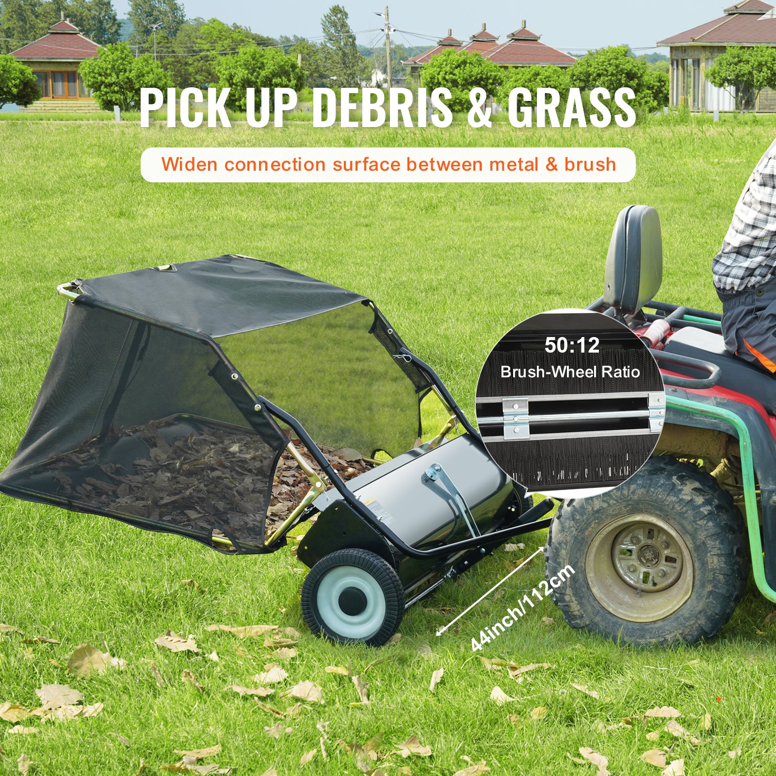 Tow Behind Lawn Sweeper, 44 in Pull Behind Lawn Sweeper, 25 cu. ft Large Capacity Leaf & Grass Collector, Heavy Duty Garden Sweeper with Adjustable Sweeping Height for Yard, Lawn, Farm