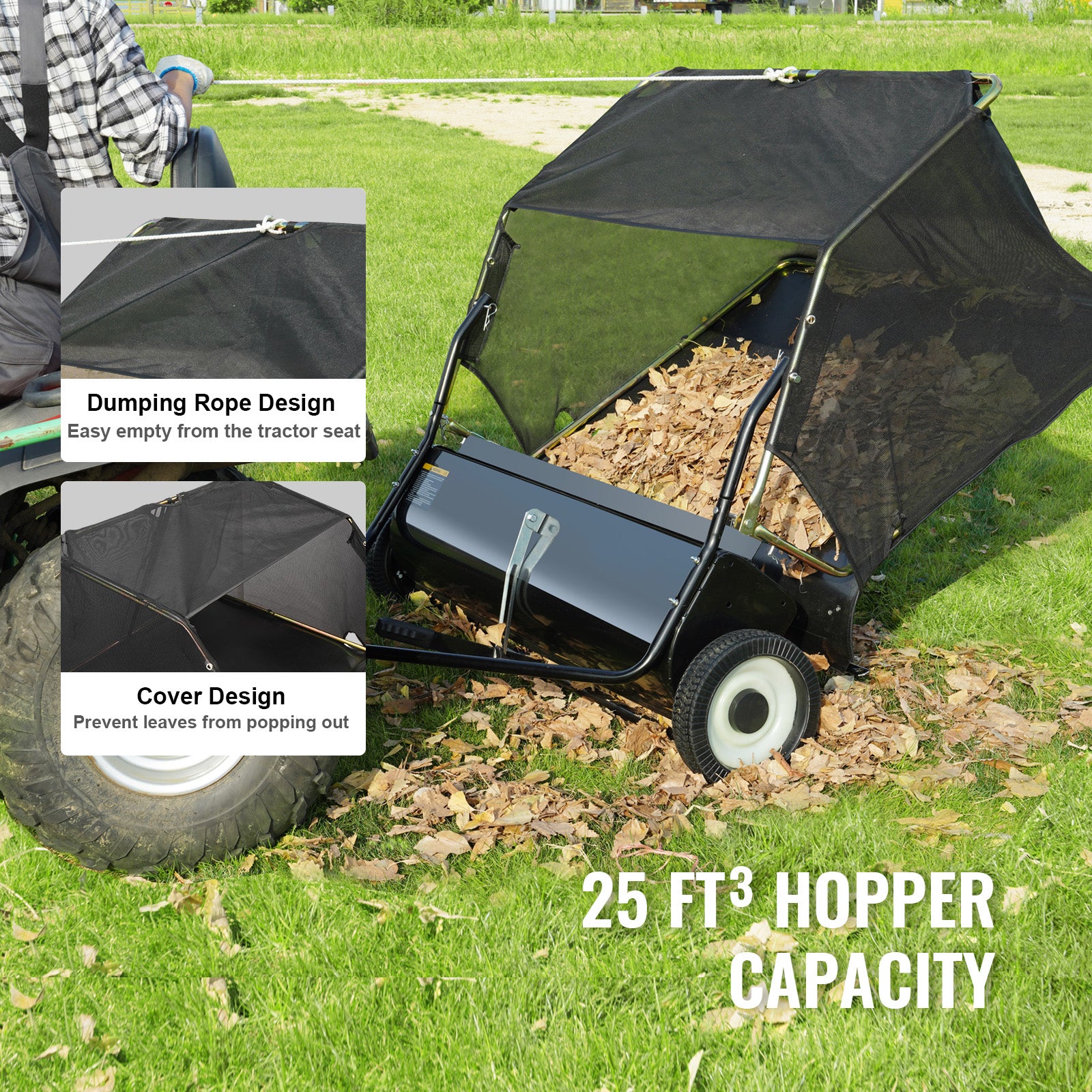 Tow Behind Lawn Sweeper, 44 in Pull Behind Lawn Sweeper, 25 cu. ft Large Capacity Leaf & Grass Collector, Heavy Duty Garden Sweeper with Adjustable Sweeping Height for Yard, Lawn, Farm