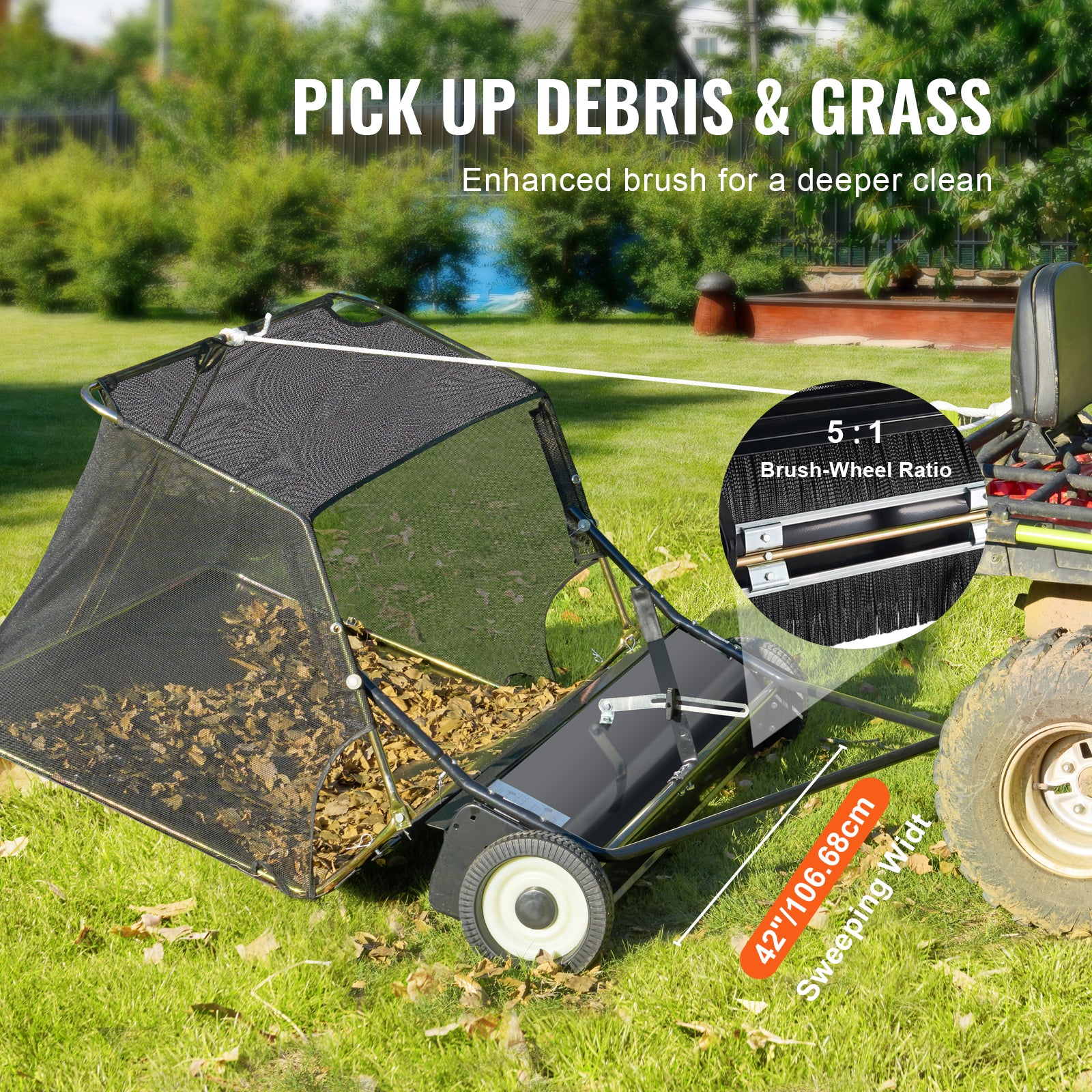 42 Inch Lawn Sweeper Tow Behind, 12 cu.ft. Large Pull Behind Grass Sweeper, Heavy Duty Leaf & Grass Collector with Dumping Rope Design, Adjustable Sweeping Height for Picking Up Debris & Grass