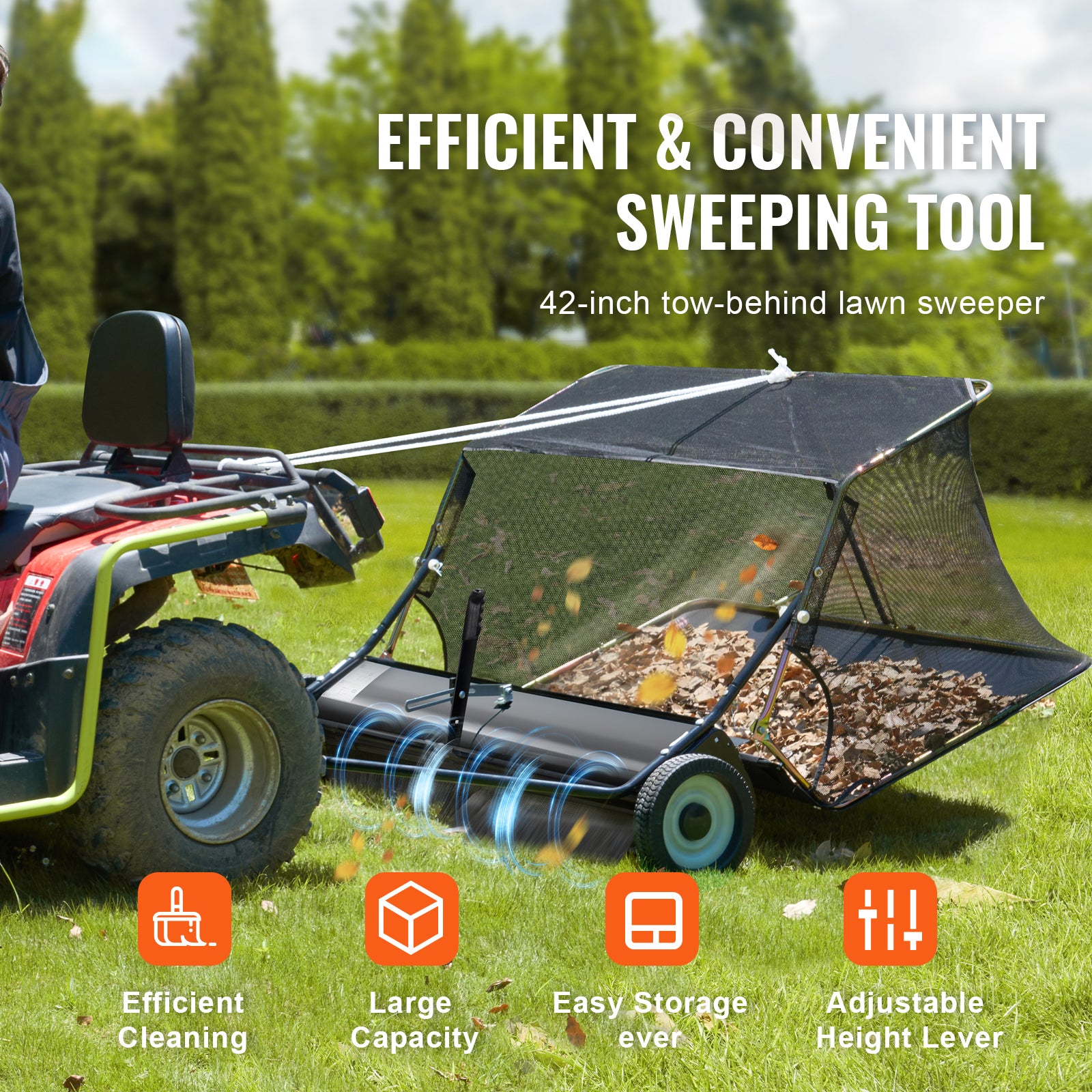 42 Inch Lawn Sweeper Tow Behind, 12 cu.ft. Large Pull Behind Grass Sweeper, Heavy Duty Leaf & Grass Collector with Dumping Rope Design, Adjustable Sweeping Height for Picking Up Debris & Grass