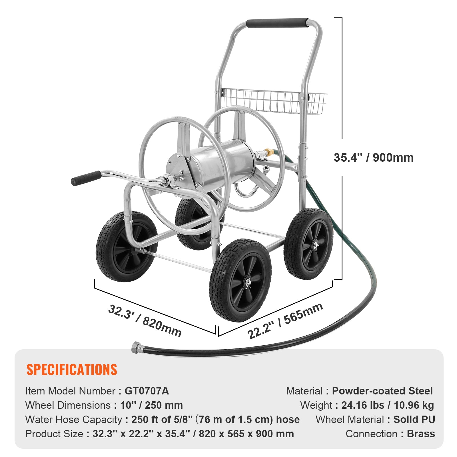 Hose Reel Cart, Hold Up to 250 ft of 5/8’’ Hose, Garden Water Hose Carts Mobile Tools with 4 Wheels, Heavy Duty Powder-coated Steel Outdoor Planting with Storage Basket, for Garden, Yard, Lawn
