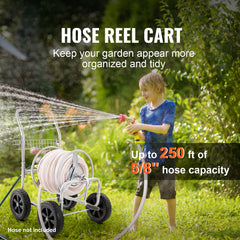 Hose Reel Cart, Hold Up to 250 ft of 5/8’’ Hose, Garden Water Hose Carts Mobile Tools with 4 Wheels, Heavy Duty Powder-coated Steel Outdoor Planting with Storage Basket, for Garden, Yard, Lawn